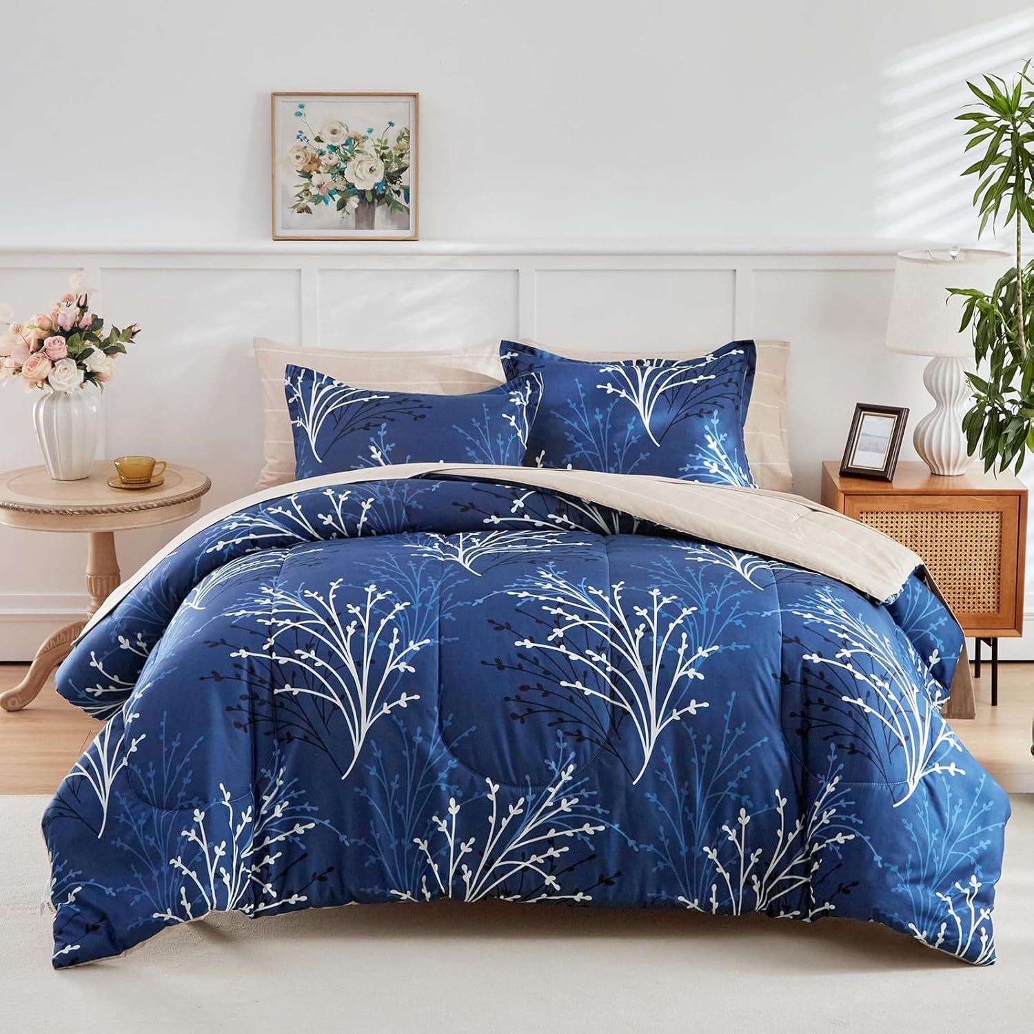 7 Pieces Comforter Sheet Set King Size Bed in a Bag - Navy Branch Style - Soft Microfiber, Spring Summer Bedding Set (1 Comforter, 2 Pillow Shams, 1 Flat Sheet, 1 Fitted Sheet, 2 Pillowcases) Navy - Branch King-7 Pieces