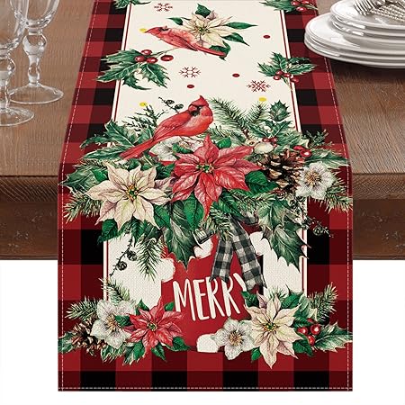 CMEGKE Christmas Table Runner, Christmas Cardinal Table Runner, Winter Buffalo Floral Table Runner, Winter Kitchen Dining Table Decor for Winter Floral Farm Home Party Kitchen Dining Decor 13x72 in