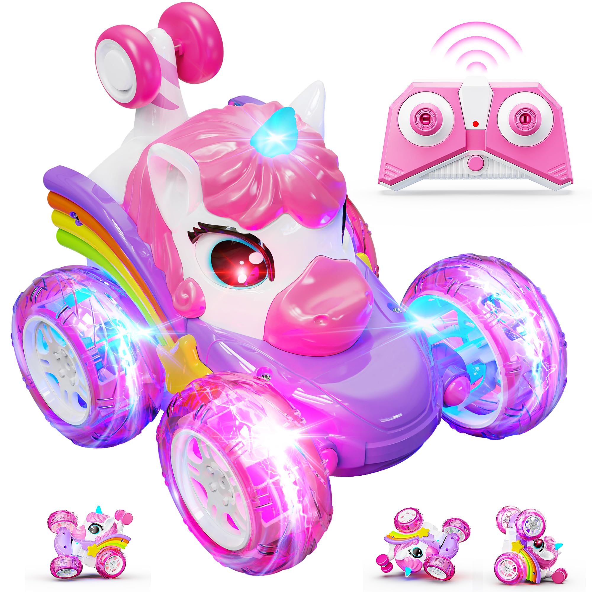 Hot Bee Remote Control Cars, Toy Cars for Kids Age 3 4 5 6, RC Stunt Car with LED Light, Unicorn Gifts for Girls, Unicorn Toys for 2 3 4 5 6 Year Old Girls