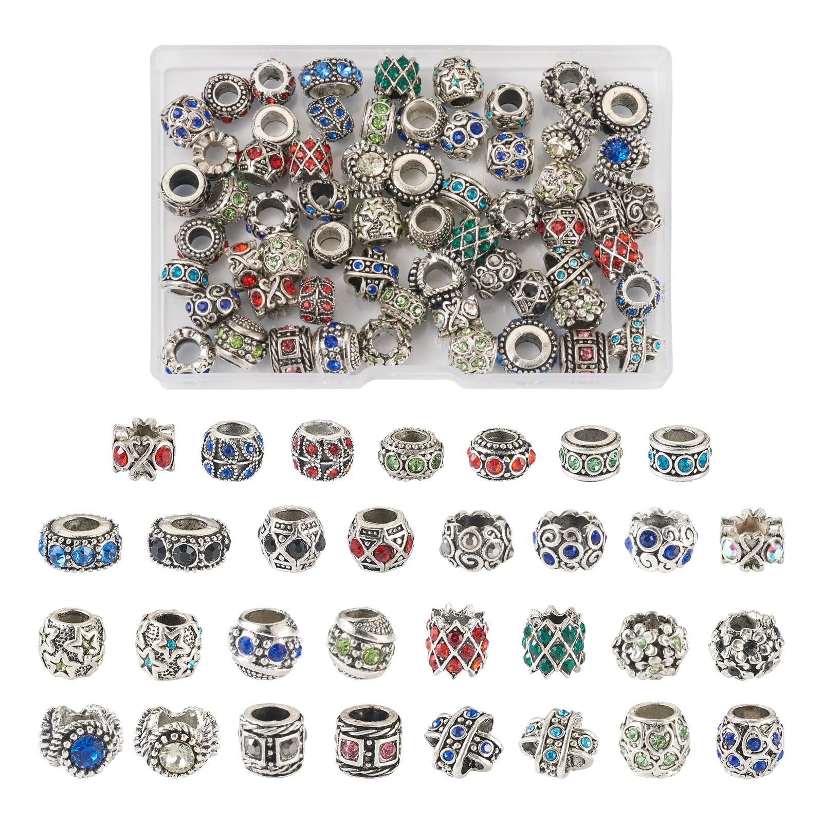 Crafans 62Pcs Antique Silver with Rhinestone European Beads Column & Barrel & Cross Vintage Large Hole Spacer Beads for DIY Bracelet Crafting Jewelry Making