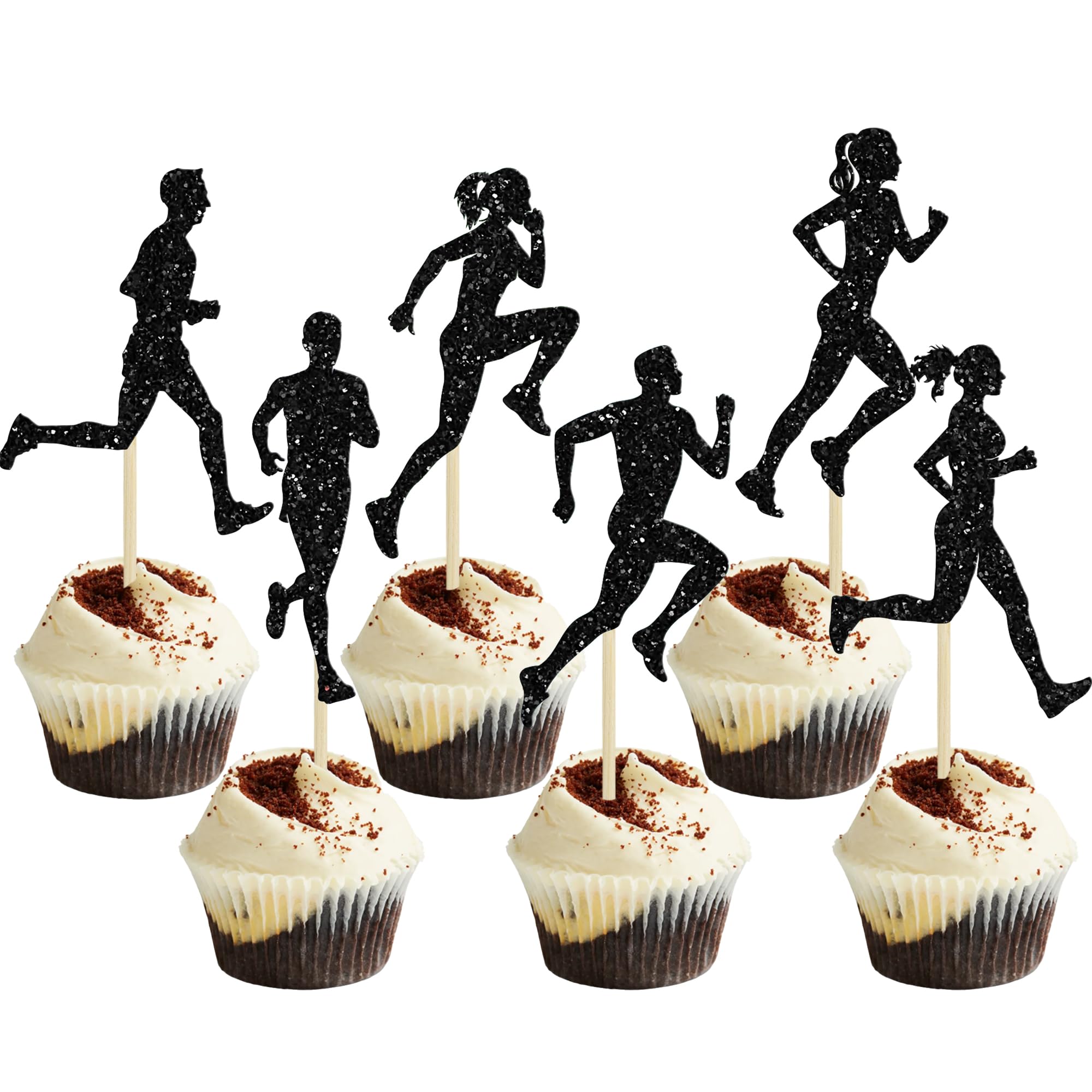 Gyufise 24Pcs Running Cupcake Toppers Glitter Sports Fitness Cupcake Picks for Running Theme Boys Girls Birthday Party Cake Decorations Supplies Black