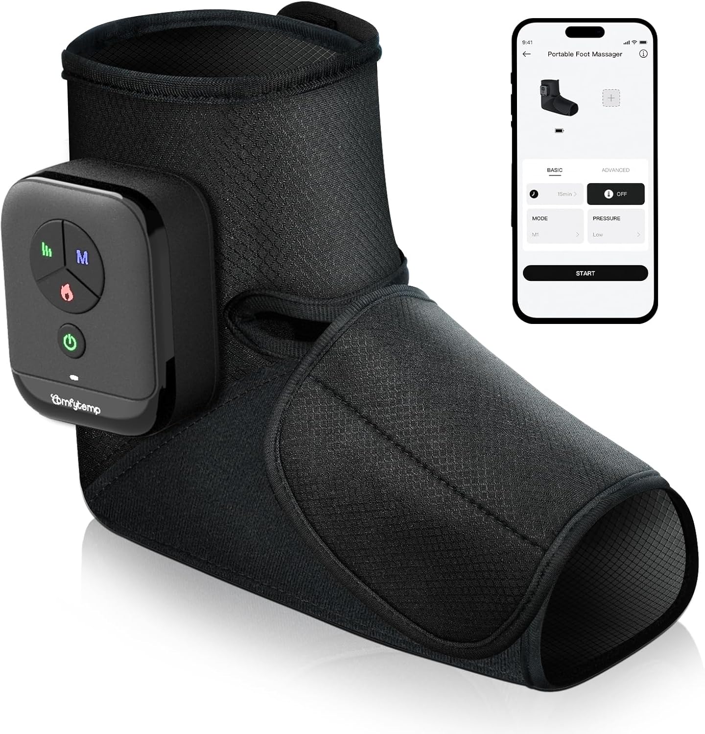 Comfytemp Portable Foot Massager with Heat and its mobile app interface