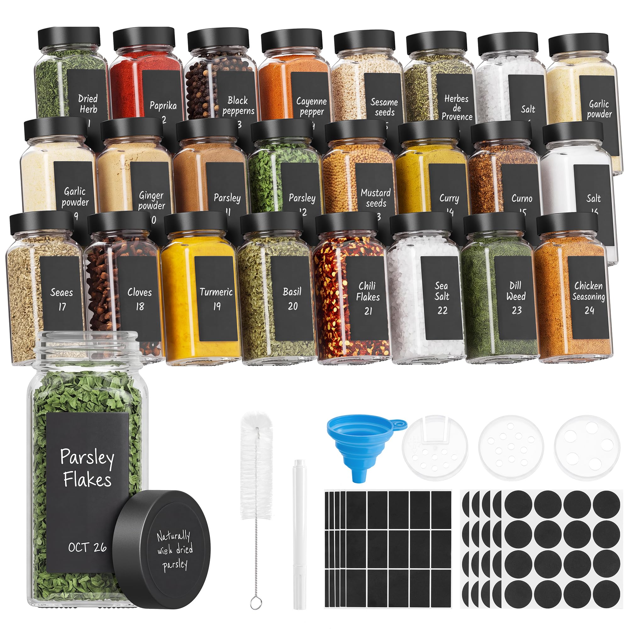 SONGMICS 24 Square Glass Spice Jars, 120 ml, Airtight Seasoning Jars