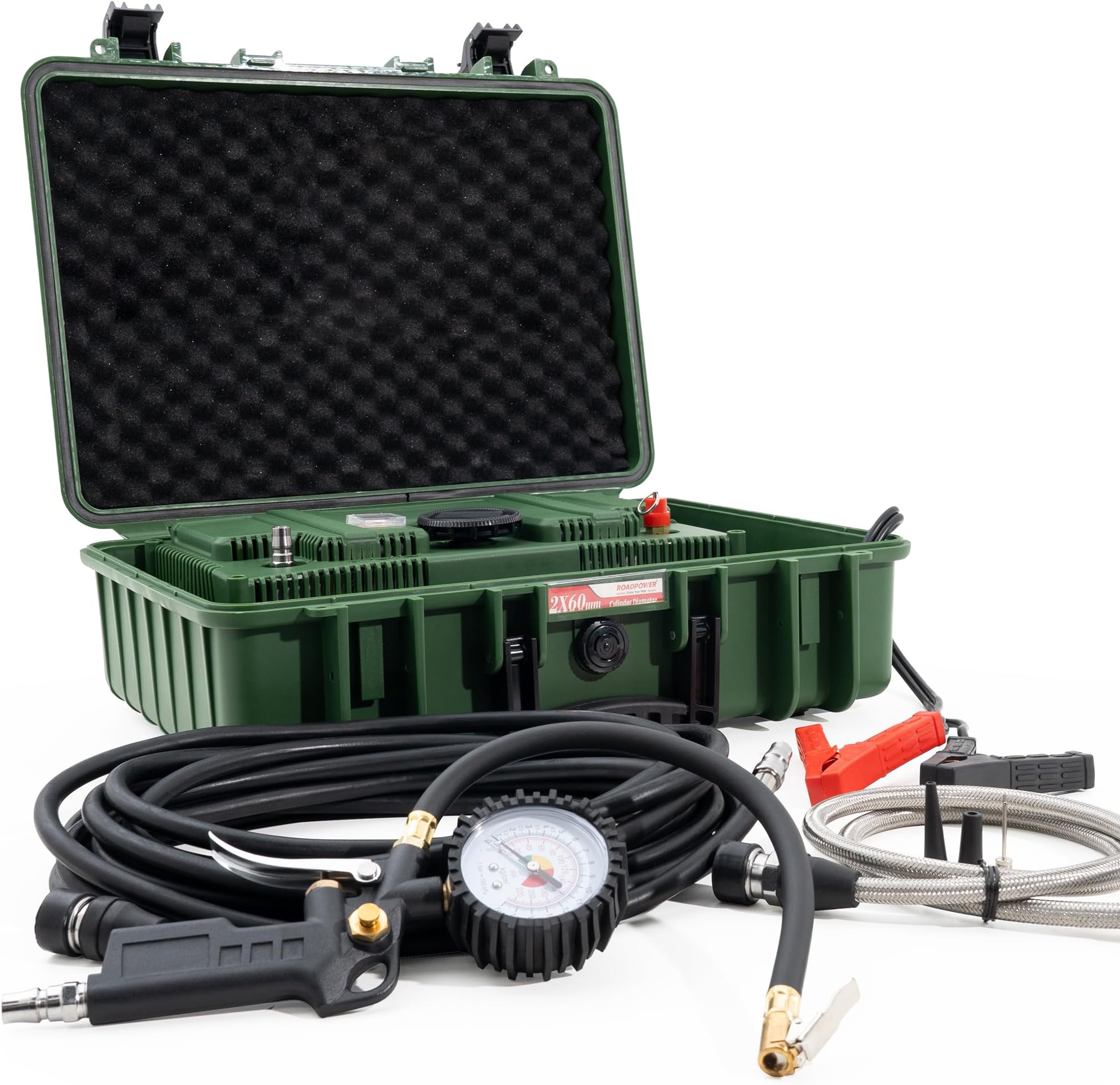 ROADPOWER 2 Cylinder Car Air Compressor Ultra Extreme 4x4 Tire Super Air Flow Portable 180 PSI AMP 80A 12V Tire Inflator For Car Truck Bicycle Football And Other Inflatables With Carry Box