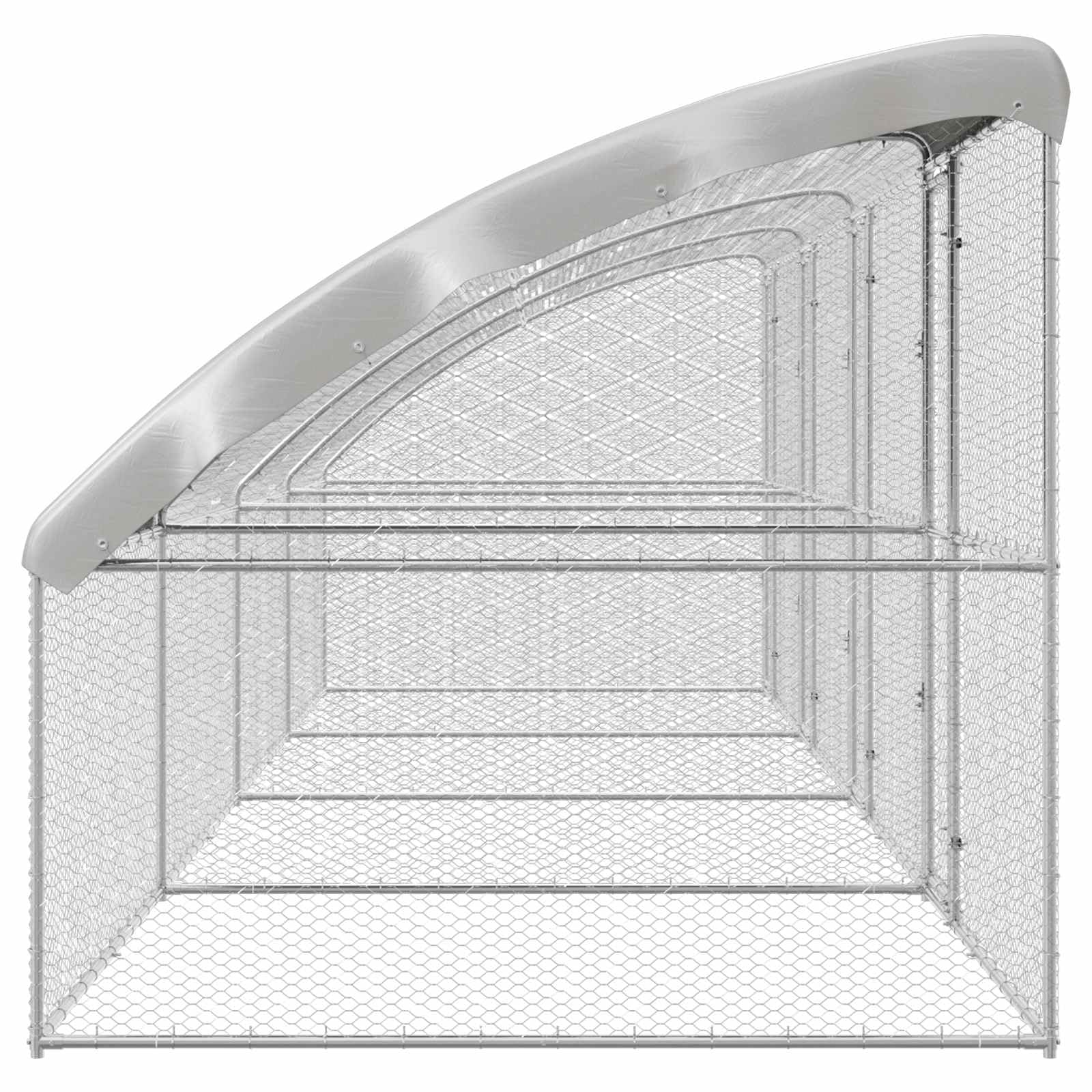Klatka dla kurcząt ze stali i PE w kolorze srebrnym, 4-częściowy wybieg dla małych zwierząt 800 x 200 x 200 cm, odporny na warunki atmosferyczne domek dla gryzoni z siatką ochronną i dachem