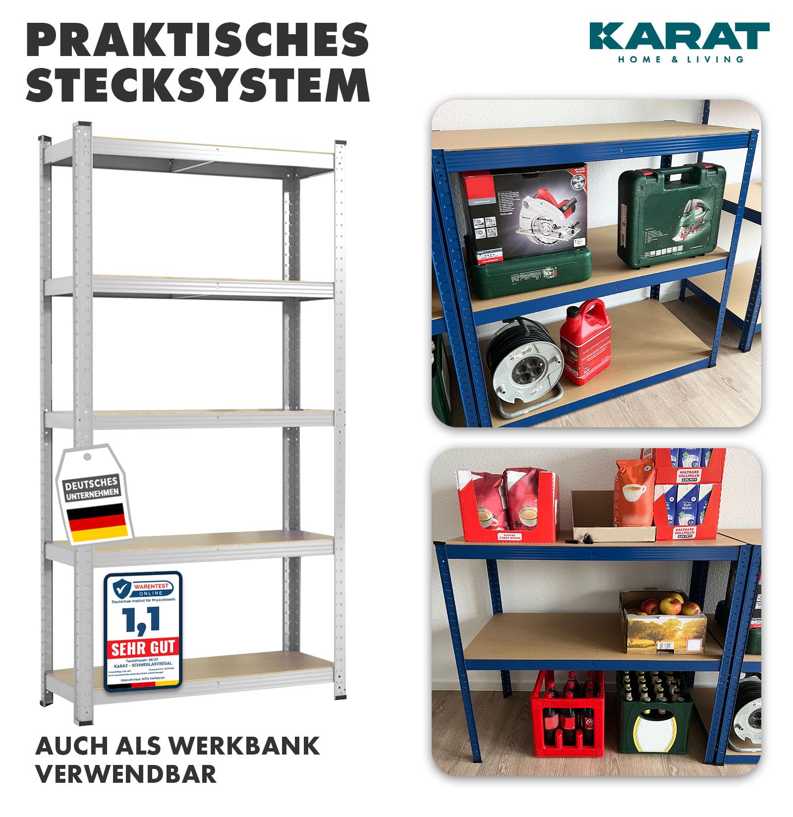 KARAT Schwerlastregal, 180 x 90 x 60 cm Steckregal, Kellerregal, Lagerregal, Metallregal - aus Stahl Metall - 5 verstellbare Böden (Verzinkt)