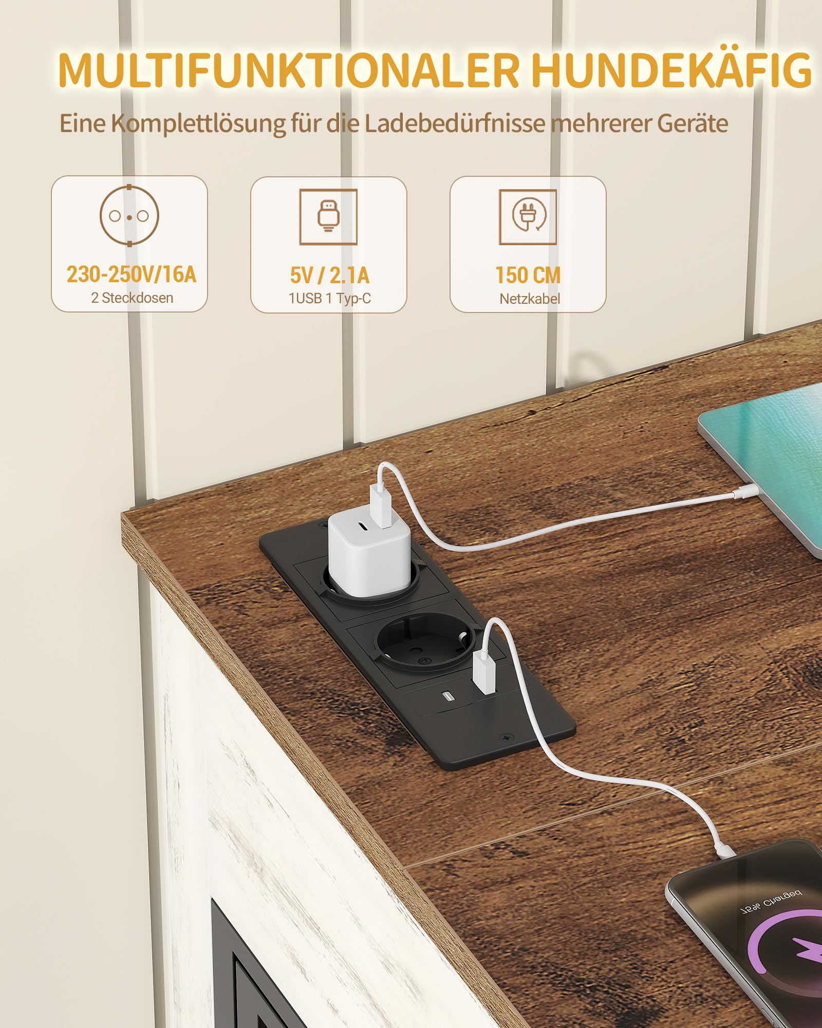 Hzuaneri Hundekäfig Möbel mit RGB & Steckdosenleiste, 119 cm Hundebox für Zuhause für Mittlere Große Hunde, XXL Modernes Hundekäfig mit Kissen, 119 × 70 × 99 cm, Weiß Braun DFC90914BEU