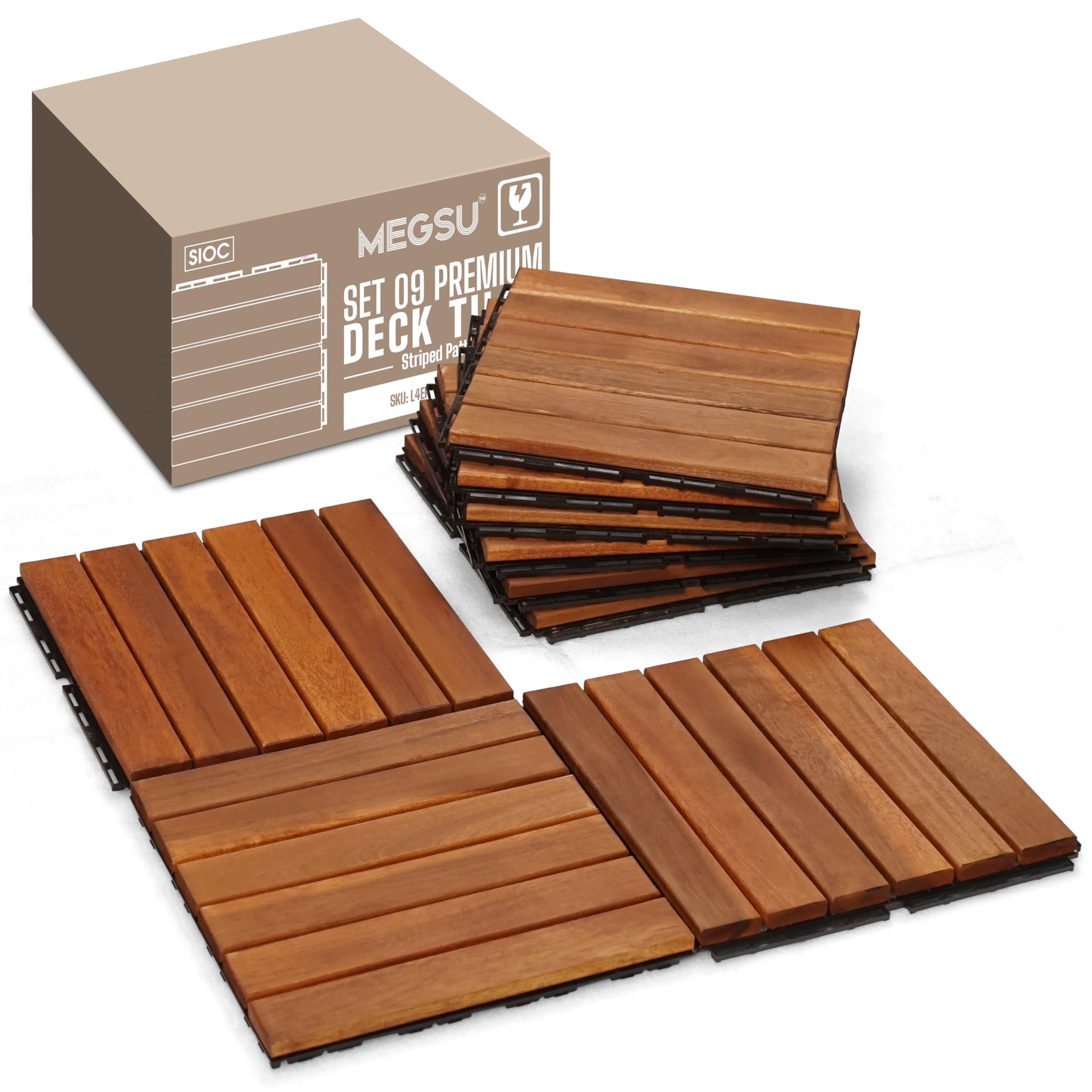 9 PCS Deck Tiles, Acacia Wood Interlocking Floor Tiles for Pathway, Balcony, Garden - Indoor & Outdoor 12x12 Wood Flooring for All Weather Use, Waterproof, Easy Setup - Natural (Cover 9 Sq. Ft)