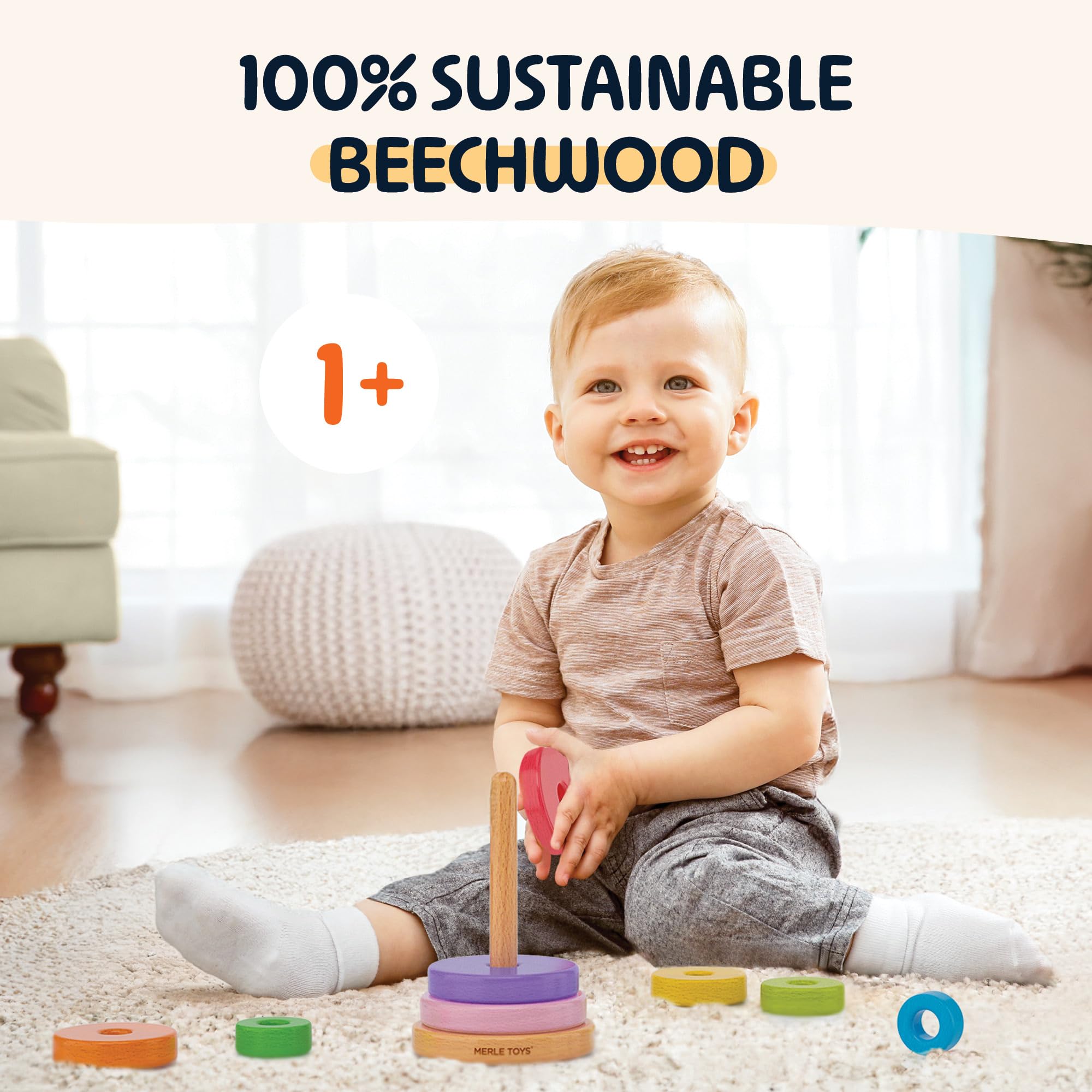 Merle Toys® Wooden Stacking Rings, 100% FSC-Certified Rainbow Stacker Toy with 8 Safe, Rounded Rings - Image 2