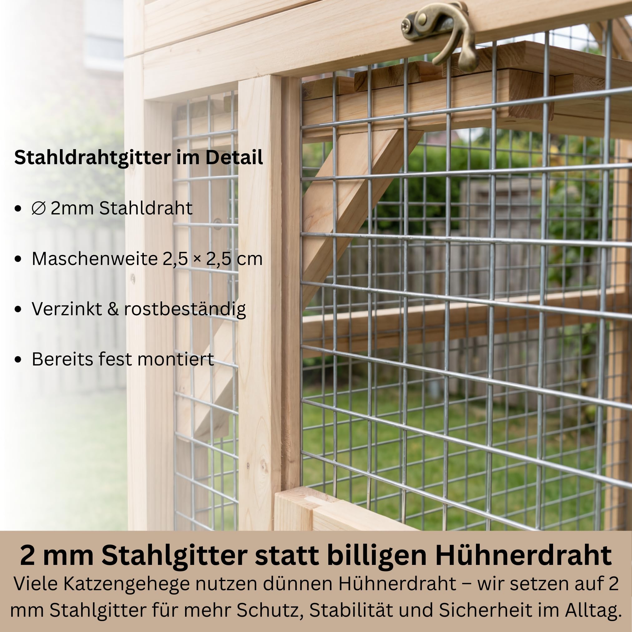 Katzengehege Outdoor XXL – Katzenauslauf und Freilaufgehege für Garten | Massives Holz, 2 mm verzinktes Stahlgitter, begehbar durch große Tür, wetterfest, inkl. Schutzhäuschen, auch für Terrasse