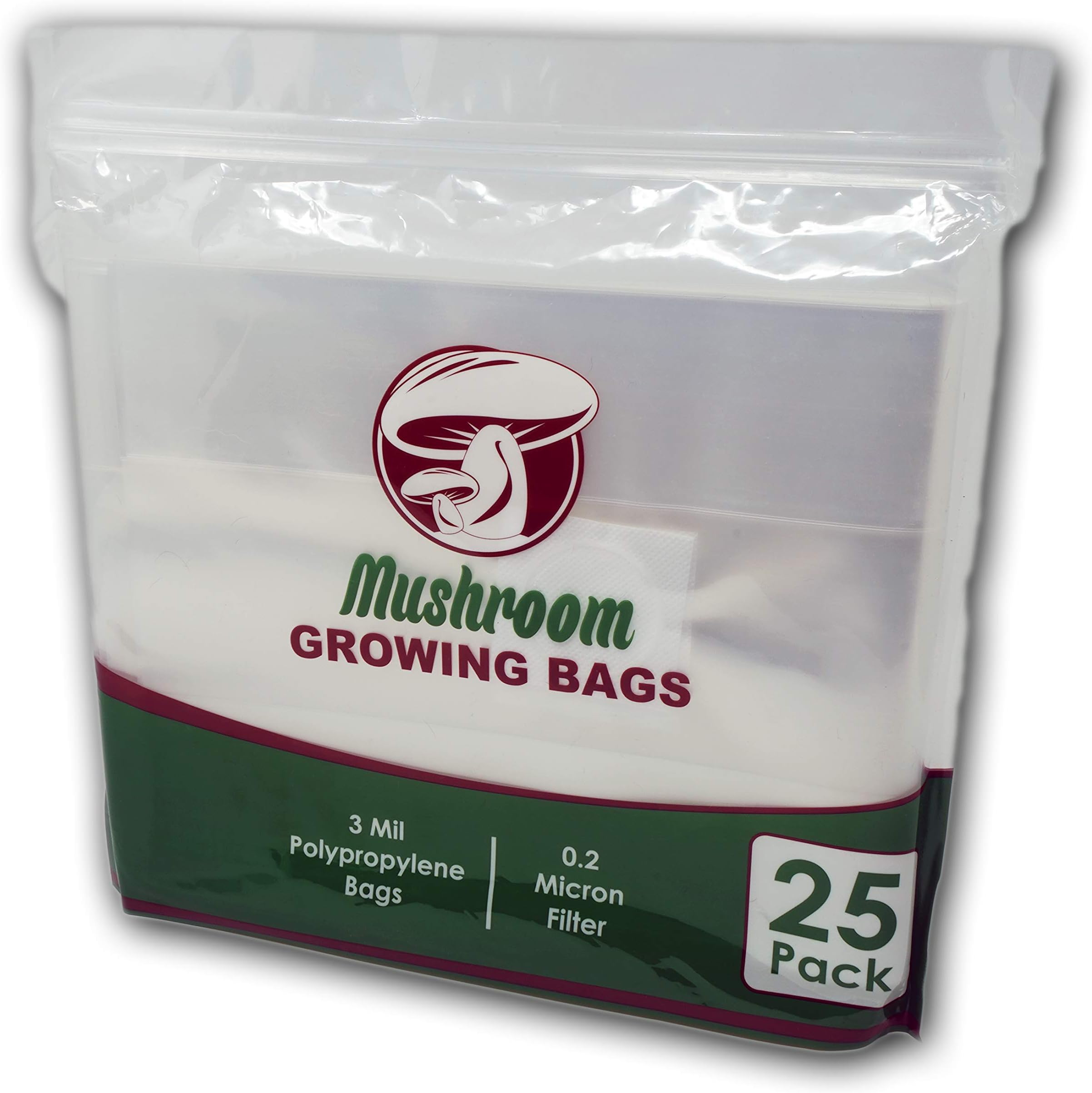 Reinforced Mushroom Grow Bags, 25 Count, Oyster Spawn and Grain Root Substrate Growing Kit with 0.2 Micron Filter, Large 8” x 5” x 20”, Thickest Available Heavy Duty 3 Mil Polypropylene Plastic