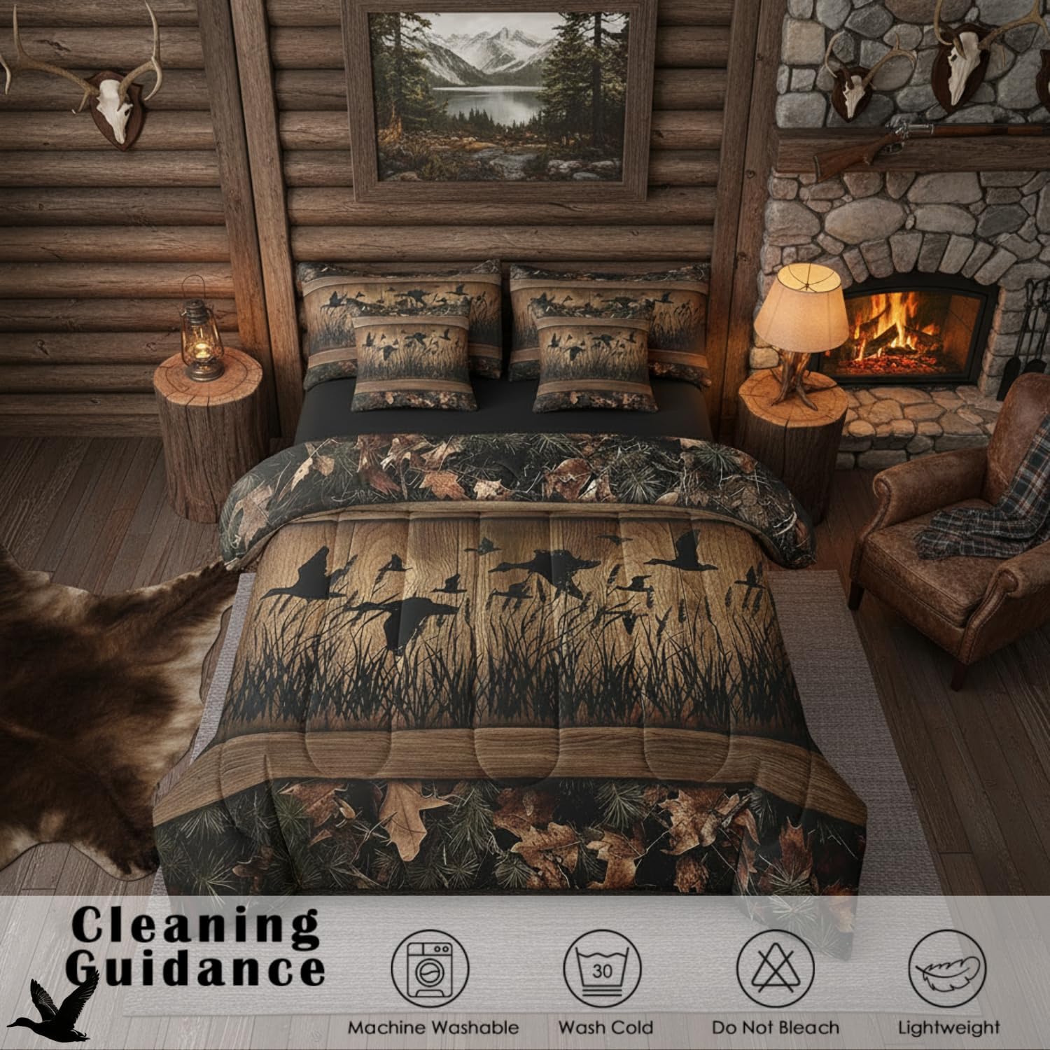 Erosebridal 7 Piece Camo Mallard Duck Comforter Set with Sheets for Kids Boys Men Rustic Farmhouse Cabin Bed in A Bag Queen,Hunting Woodland Duck Bedding Set Country Wood Board Animal Bed Set