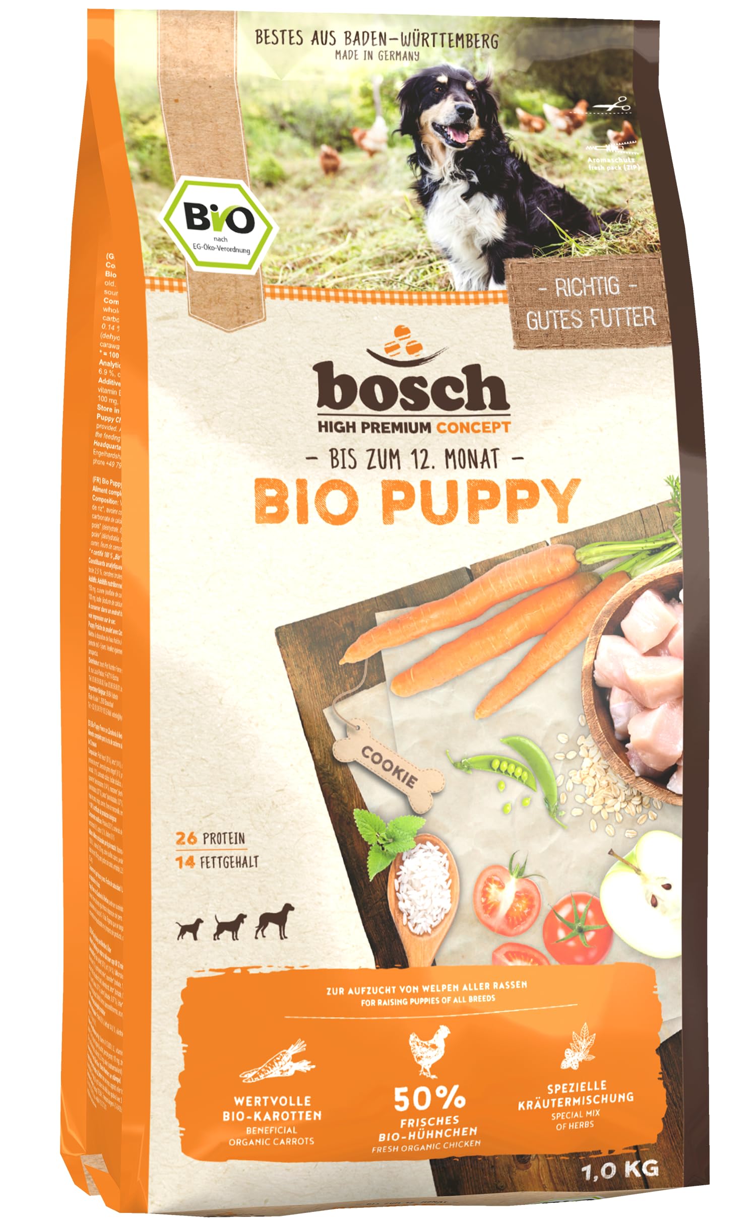 bosch HPC BIO | Puppy Hhnchen & Karotten | Hundefutter fr Welpen aller  Rassen | 100 % Rohstoffe aus nachweislich biologischem Anbau | 1 x 11.5 kg  : Amazon.de: Haustier