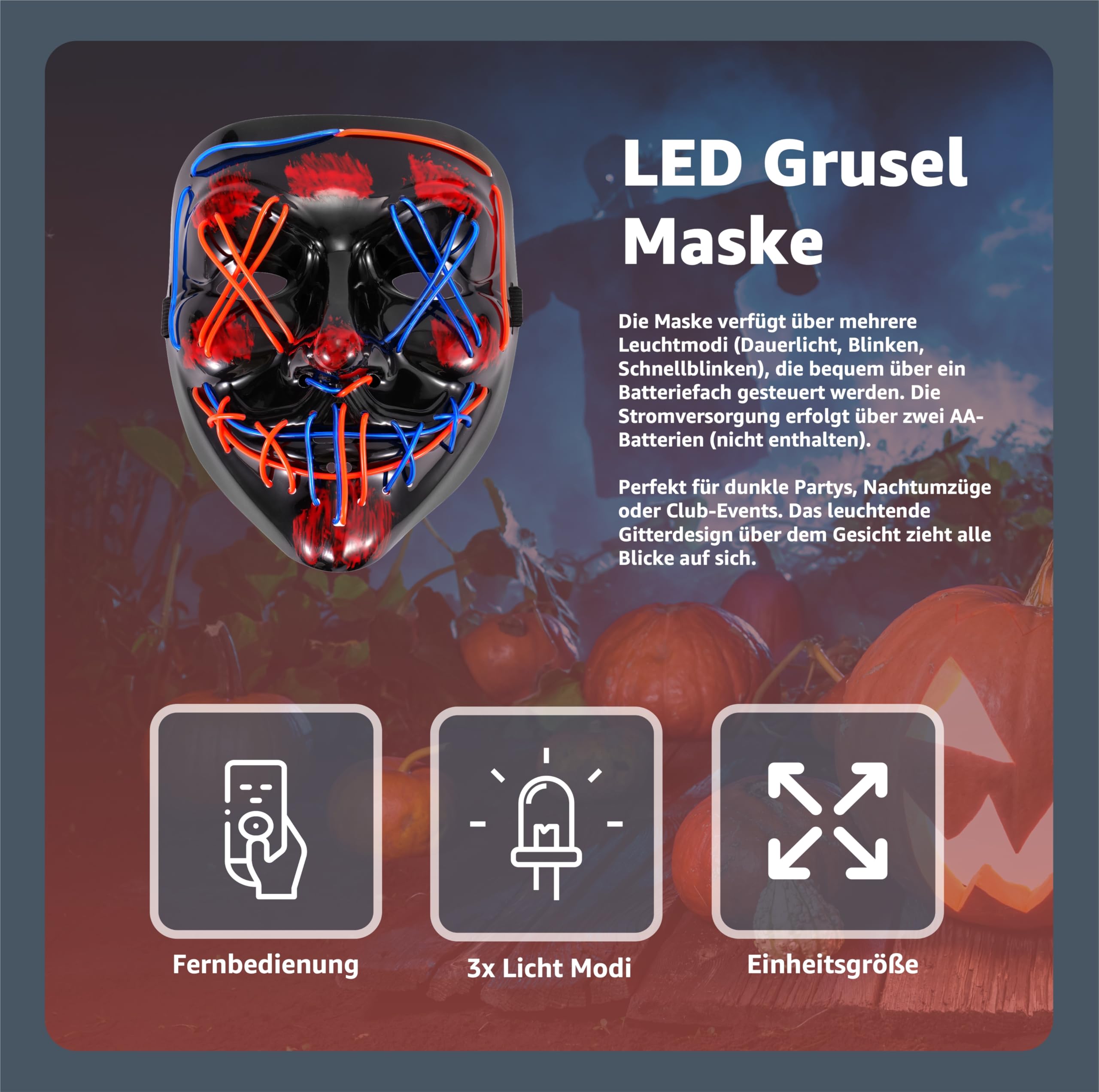 TK Gruppe Timo Klingler LED Purge Horror Mask with 3 Light Effects Controllable Halloween Costume for Men Women (Blue/Red LED) - Image 2