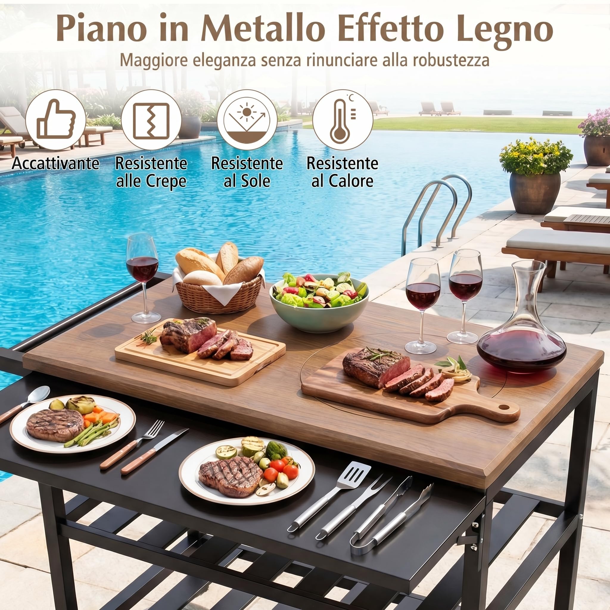 COSTWAY Carrello per Barbecue, Mobile Servizio da Esterno con Forno Smontabile, Griglie e Teglie in Metallo, Tavolino Pieghevole, Carrellino con Ruote per Picnic e Feste, 94,5 x 75 x 78,5 cm