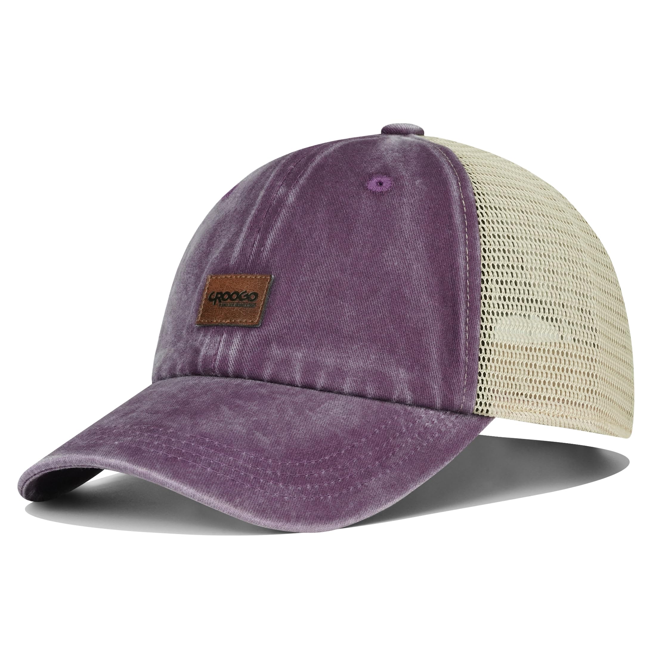 Croogo Leather Patch Mesh Back Cap Washed Cotton Dad Hat