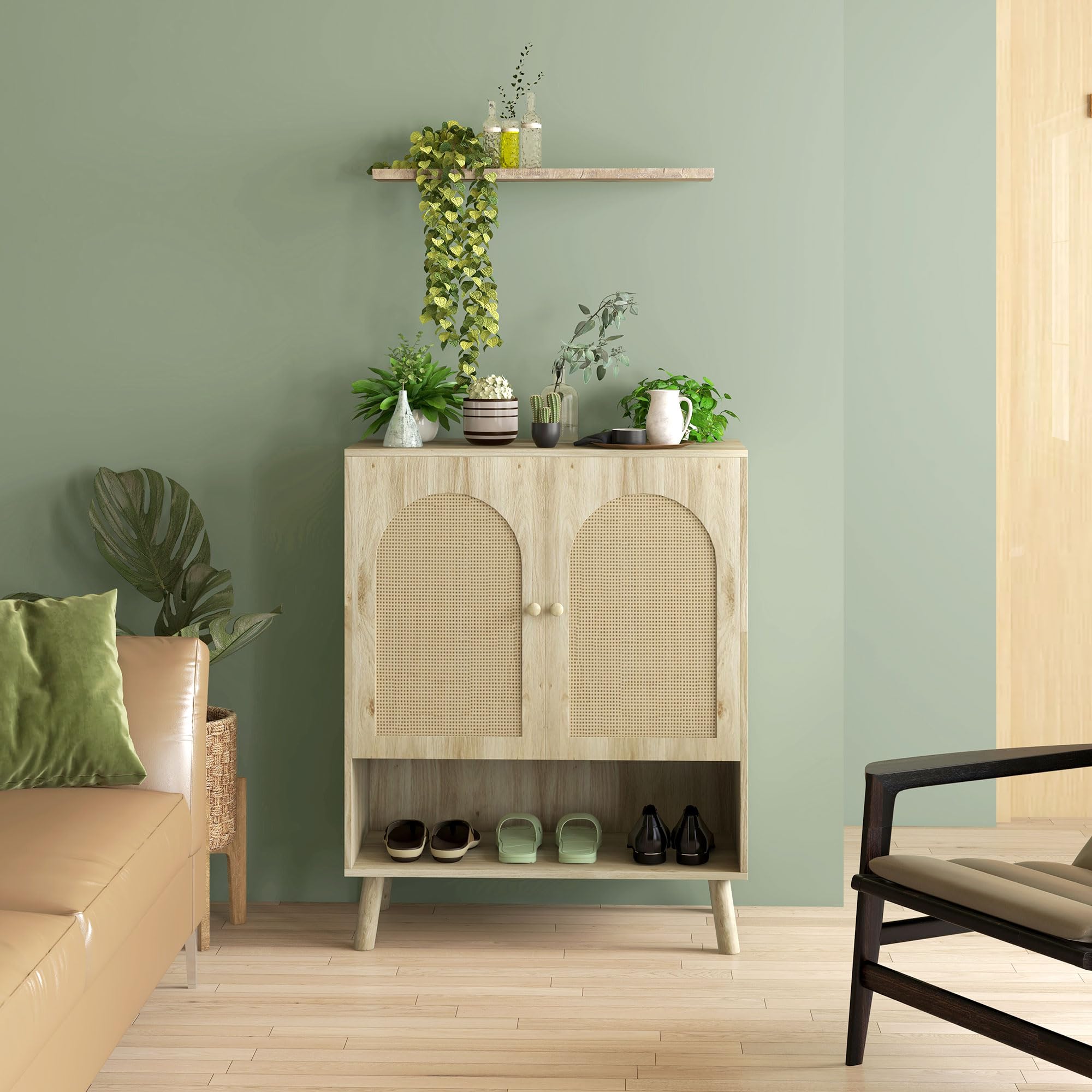 HOMCOM Mobile da Ingresso e Soggiorno in Stile Boho, Mobile Multiuso con Ante in Rattan e Ripiano Aperto, 80x38x100cm, Rovere