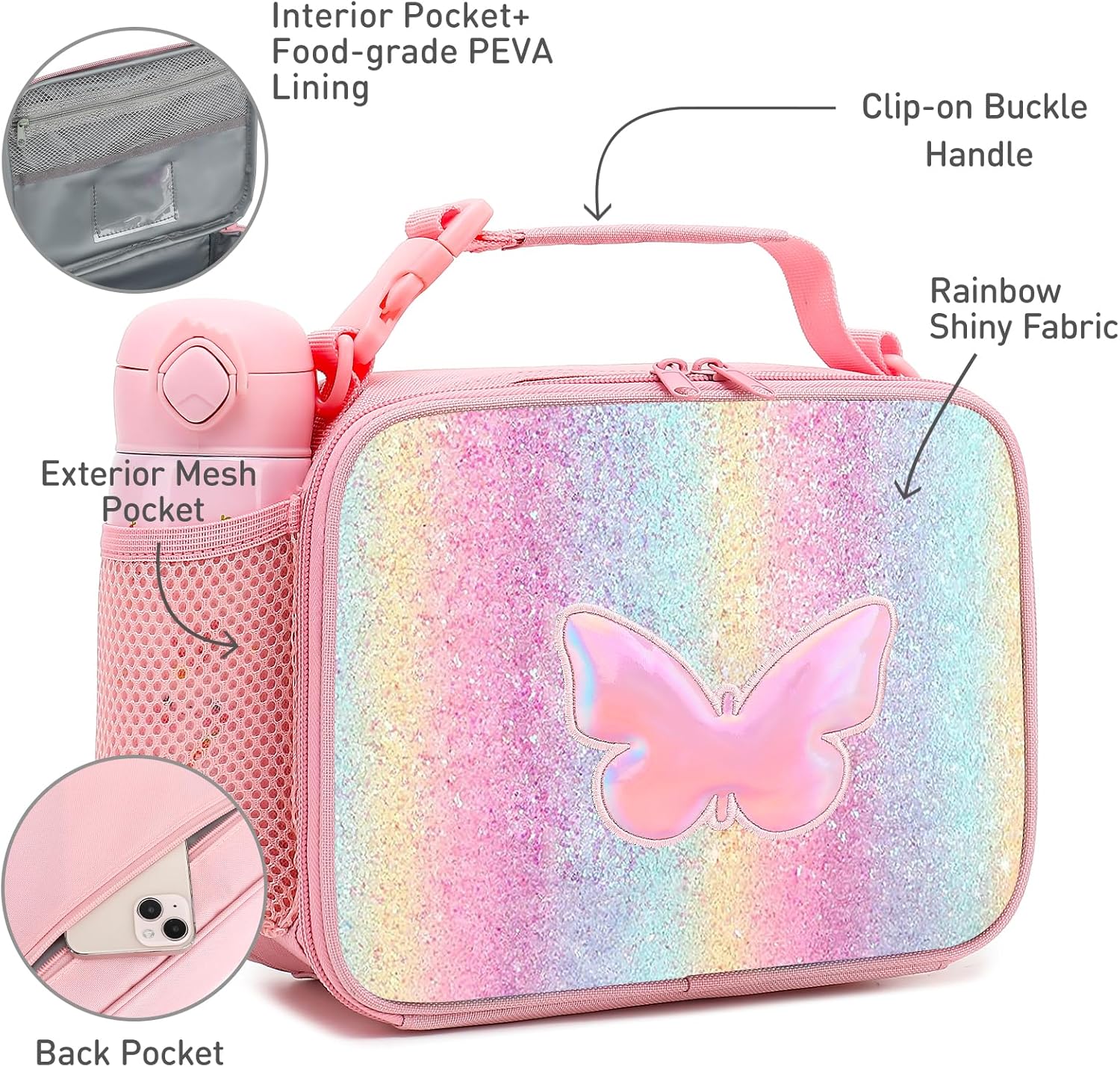 Butterfly Lunch Box for Girls kids Rainbow Lunch Bag Waterproof Thermal Insulated Cooler Bag for Girls Kids Toddlers Teens school gift