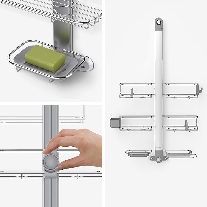 simplehuman adjustable shower caddy hanging from showerhead with tall bottles