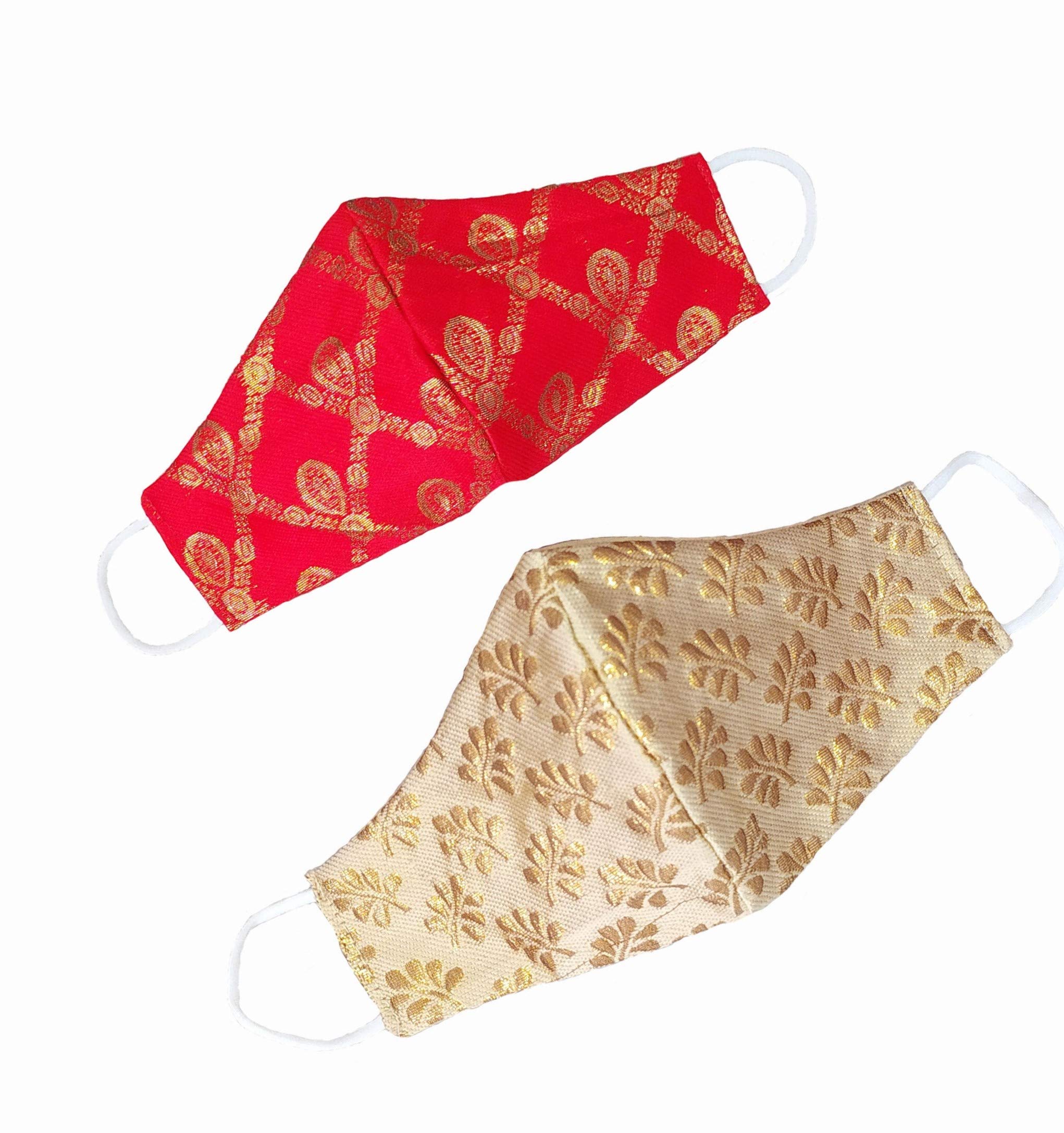 EXOTIC-Mask For Men And Women, Designer wedding Mask. Red And Golden Colour | Pack of 2 | Free Size | Multicolour | MultiLayer | Washable | Stylish