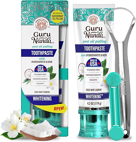 GuruNanda Pasta de dientes hidroxiapatita, sin SLS ni flúor, pasta dental blanqueadora con raspador de lengua y exprimidor - Refresca el aliento,