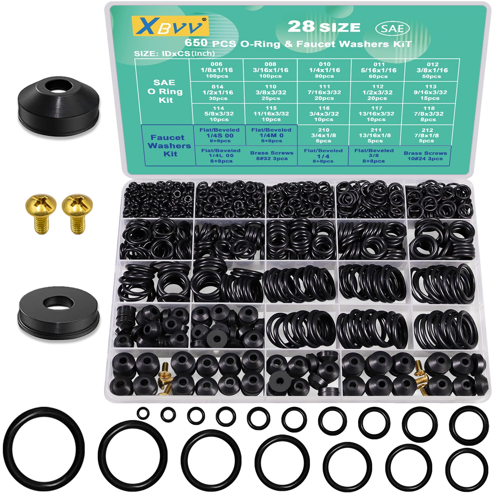 XBVV 28 Size 560 Pcs Faucet Rubber Washers Kit and SAE O Ring Assortment Set for Assorted Plumbing Faucet Sealing Repair