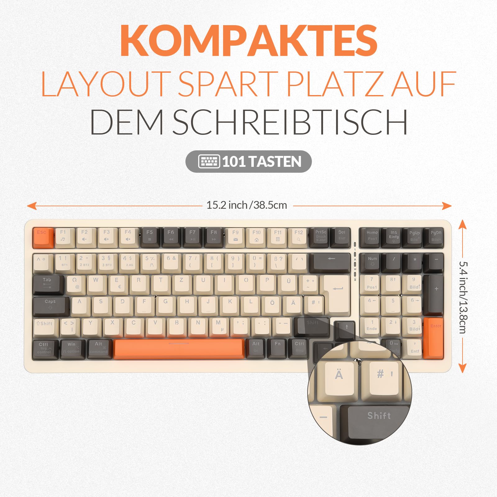 Rii Mechanische Tastatur Kabellos, Gaming Retro Tastatur Bluetooth, Tri-Modi Tastatur 75 Prozent mit QWERTZ, Beige-Grau-Orange dreifarbige Tastatur (BT5.0 + 2.4GHz + Kabel)
