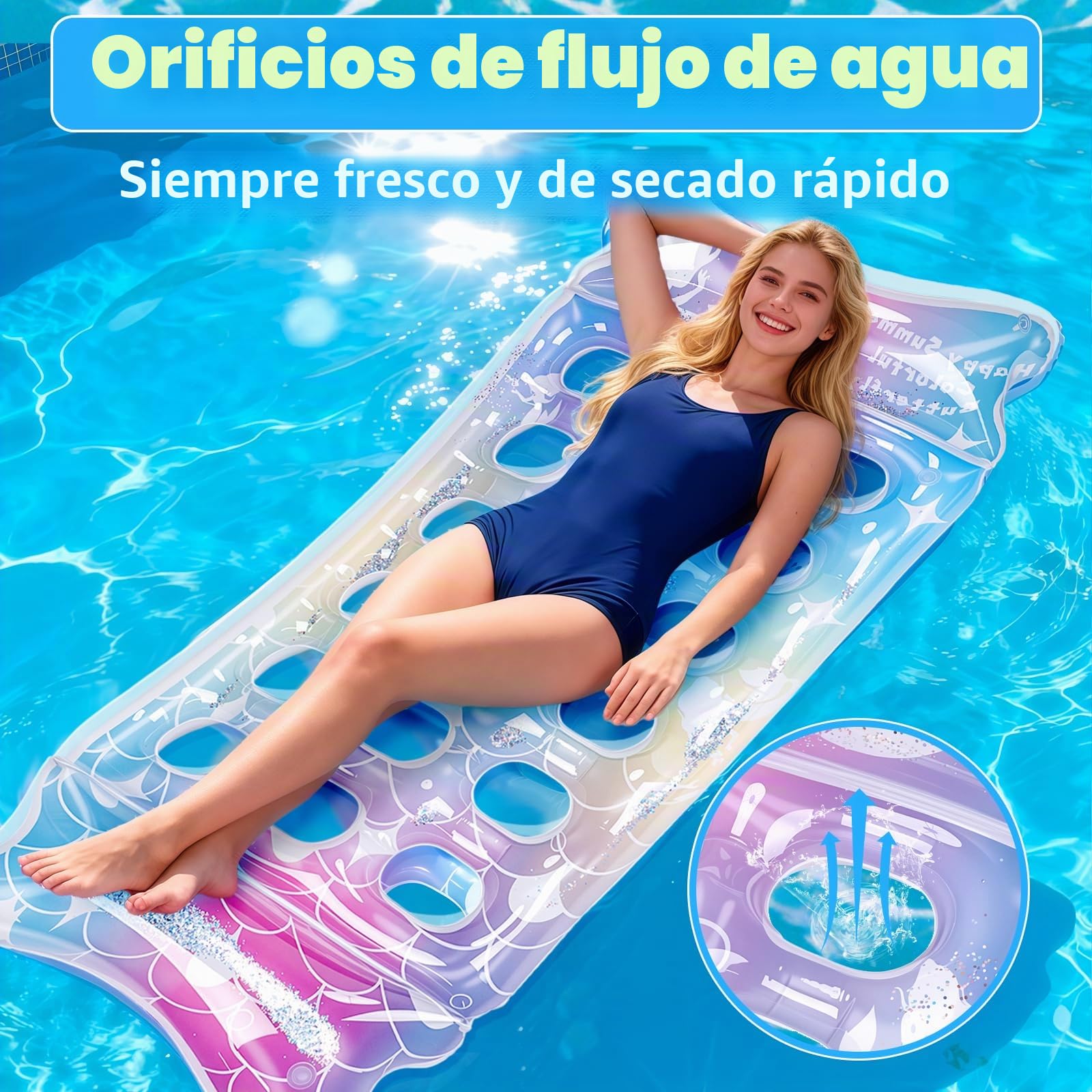 SelfTek Colchoneta de Sirena para Piscina para Adultos - Colchoneta Hinchable Arcoíris con Respaldo para la Cabeza y Drenaje de Agua, PVC Resistente a UV para Toma de Sol, Piscina de Bronceado