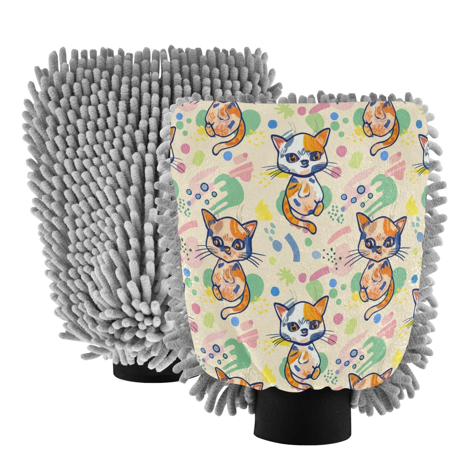 STAYTOP Cute Cartoon Cat Car Wash Mitt Microfiber, 2Pcs Scratch Free Lint-Free, Premium Chenille Microfiber Mitt Car Wash Brush-M