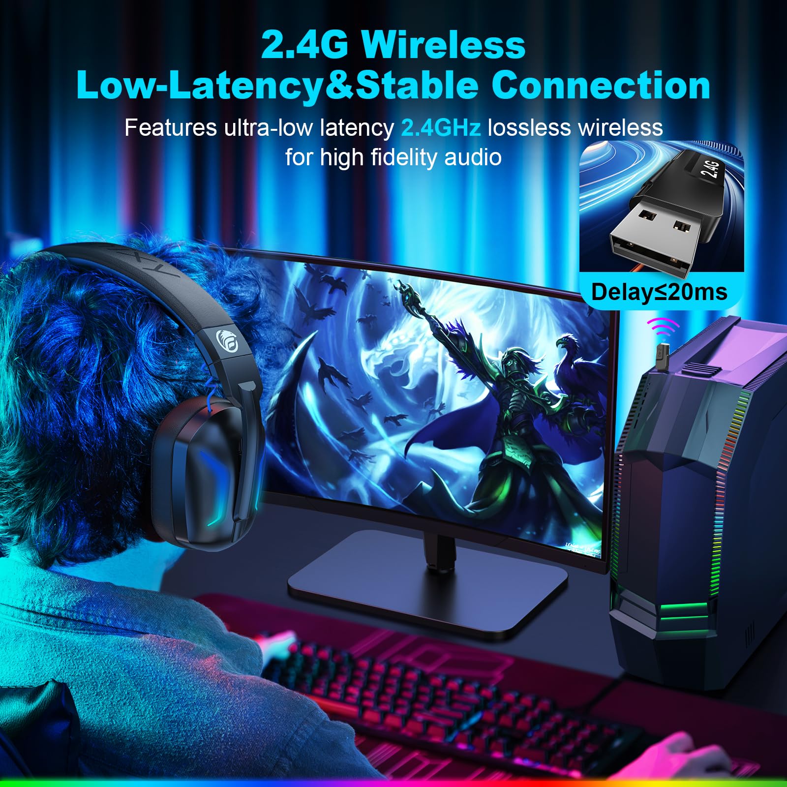 Fachixy FC300 Cuffie Gaming Wireless Per PC, PS5, PS4, Mac - 2,4 GHz e Bluetooth senza perdite - 50 ore di batteria, driver da 50 mm, luci RGB, audio spaziale, Blu