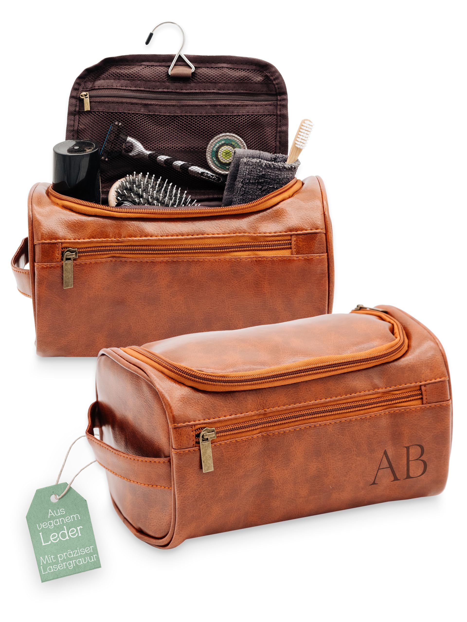 Kulturtasche personalisiert, Kulturbeutel für Männer mit Namen, Geschenke für Papa Vatertag, Necessaire Leder mit Wunschnamen (Initialen)