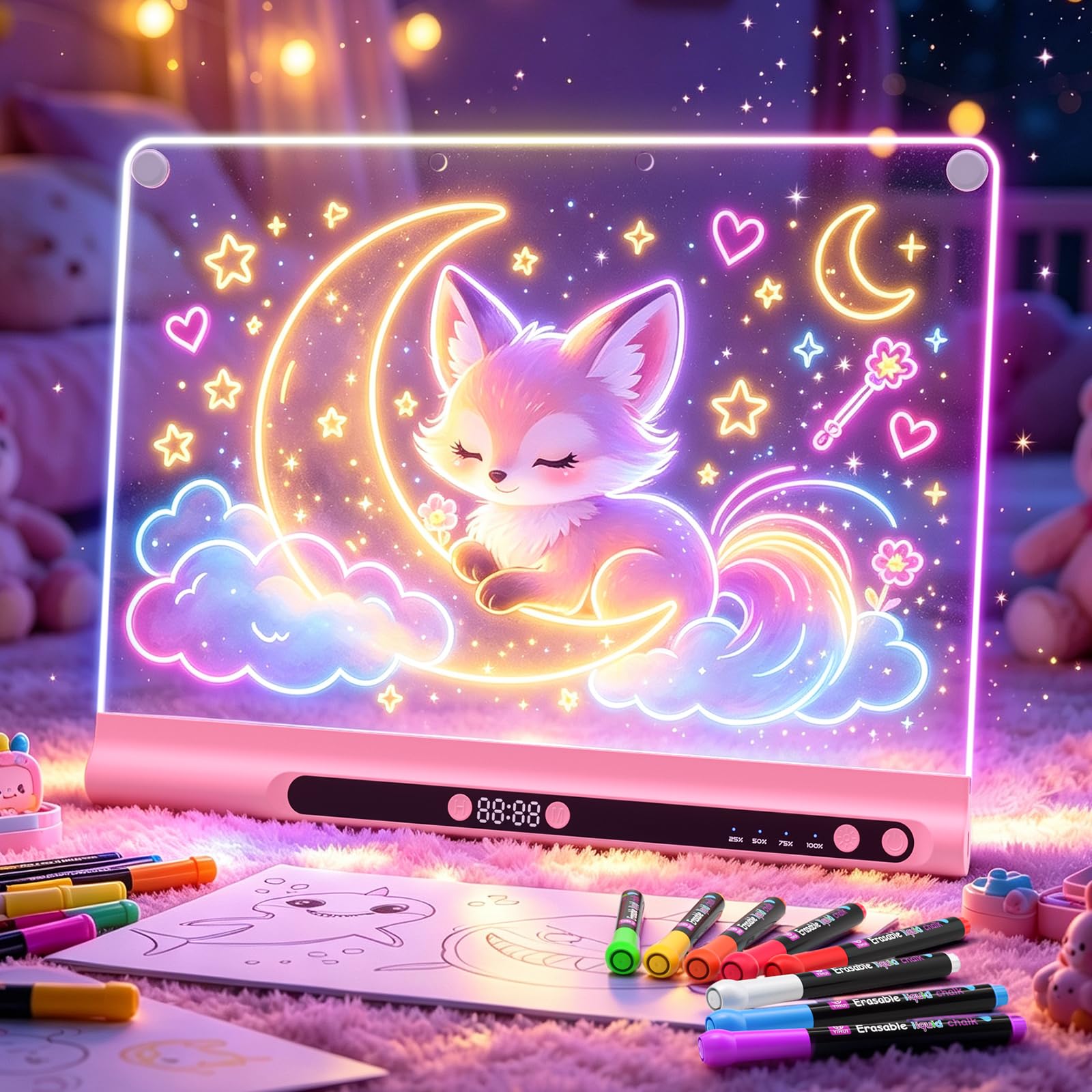 16" Rechargeable Led Drawing Board for Kids, 9-Color Neon Glow Drawing Tablet, Light Up Acrylic Dry Erase Board, Lumiboard Built-in Stand, Gift Toys for Kids/Girls/Grandkids, 8 Markers &amp; Tracing Book