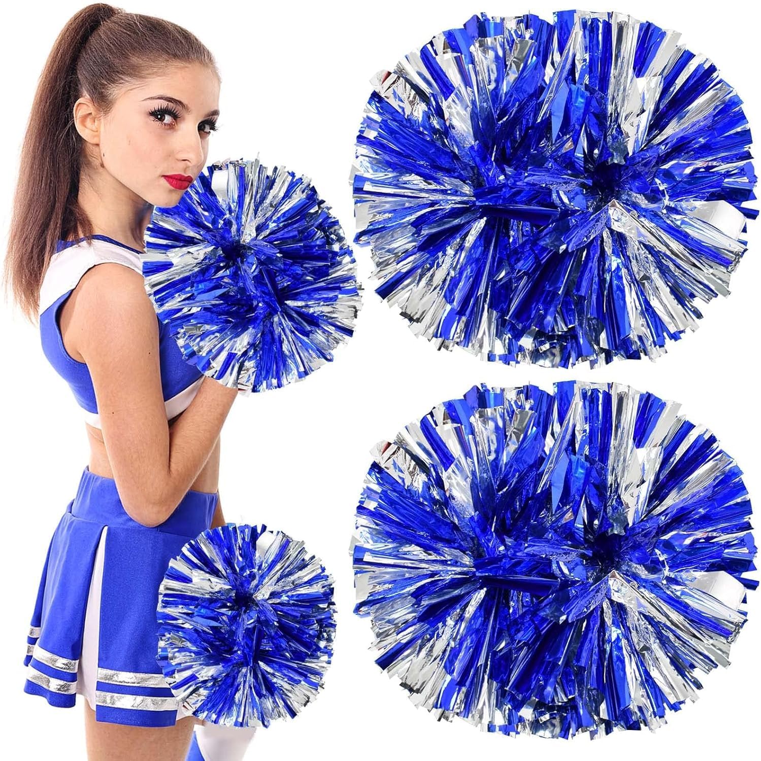 GIUSOBG Pompony cheerleader z folii metalowej 2 sztuki Pompony zespołowe Pompony cheerleaderek Pompy cheerleaderki Pompy do tańca Pomy sportowe Gry zespołowe Duch zespołowy (Niebiesko-srebrny)