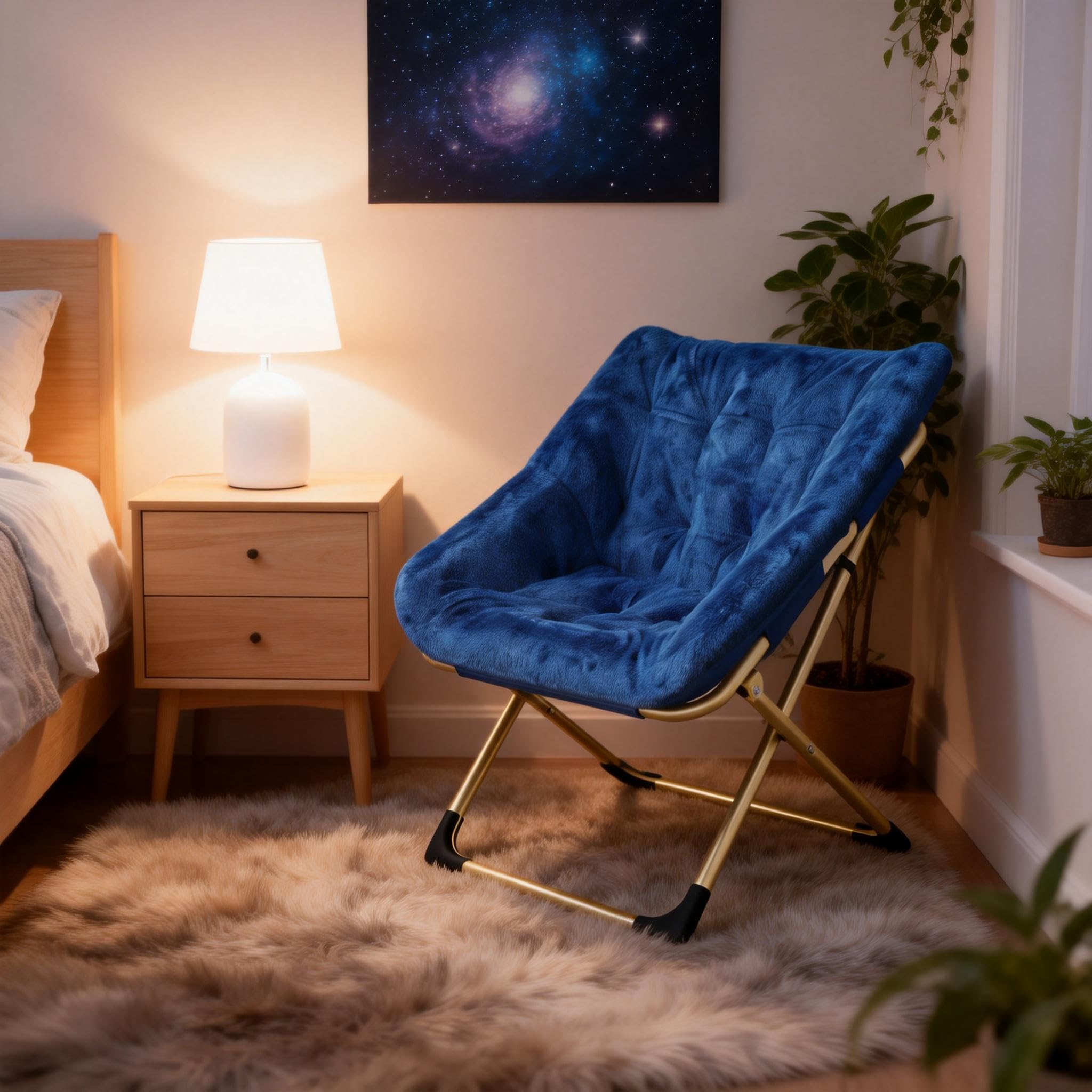 Garvee Silla Plegable Tipo Luna para Adultos, Sillón Lounge Cómodo con Estructura De Acero y Pelo Sintético Suave, Sin Montaje, para Salón, Dormitorio o Apartamento, Azul
