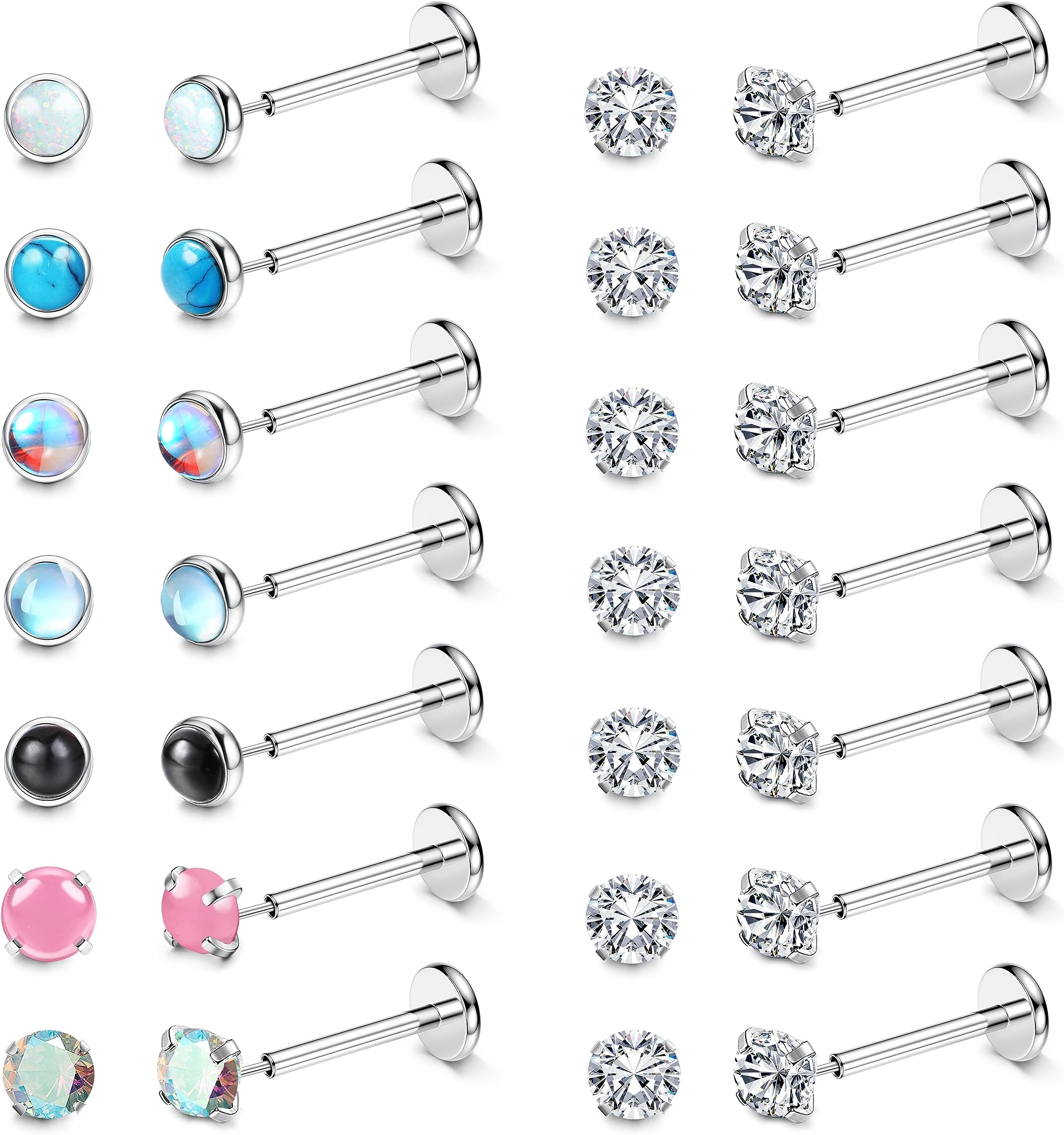 ADRAMATA20G Threadless Flat Back Stud Earrings Surgical Steel Lip Nose Stud Flatback Cartilage Earring CZ Moonstone Opal Push In Tragus Conch Daith Helix Earrings Labret Medusa Piercing Jewelry Hypoallergenic