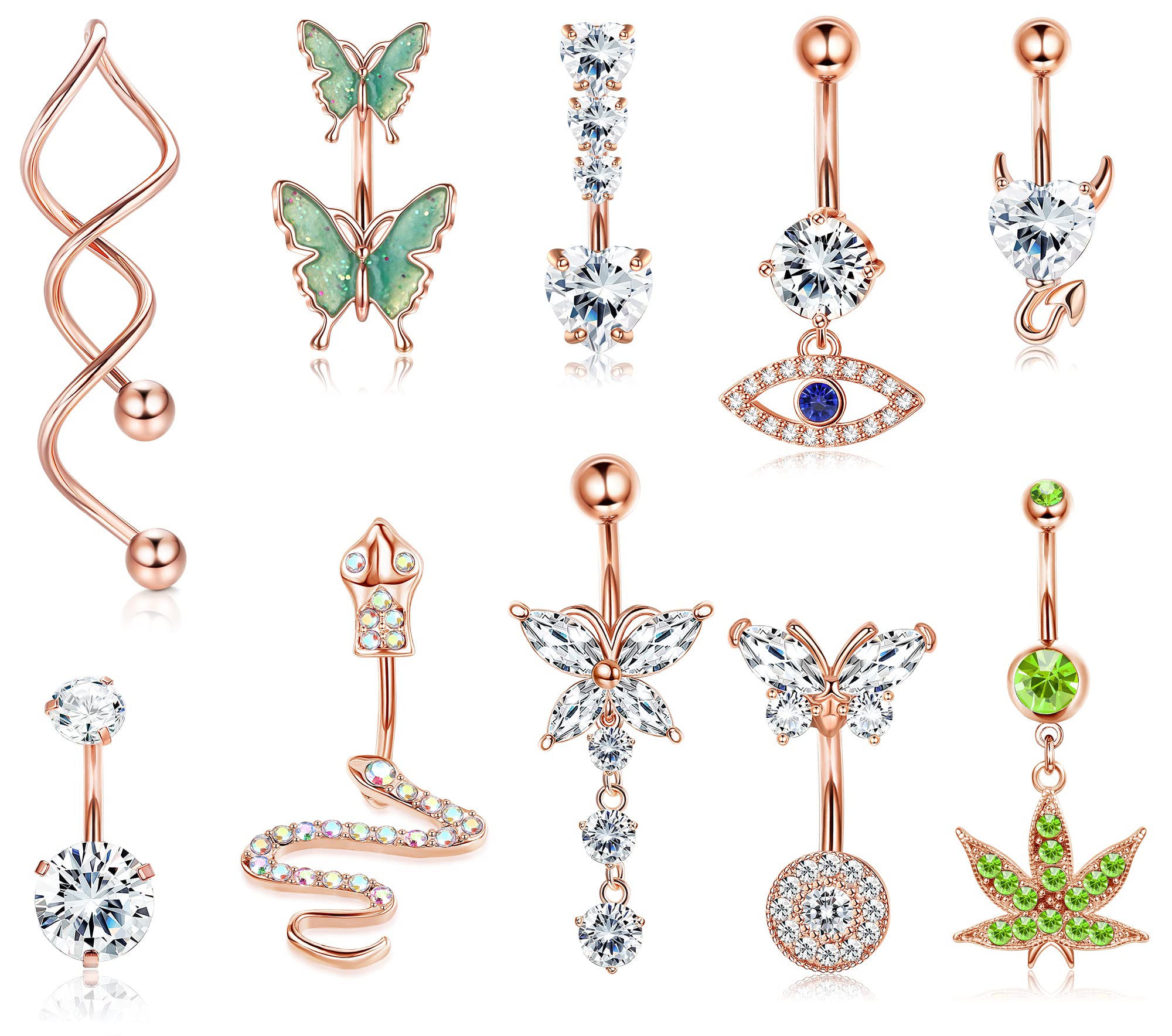 Adramata 10 Piezas 14G Piercing Ombligo Acero Quirurgico Piercing Ombligo Colgante Cubic Zirconia Evil Eye Serpiente Mariposa Piercing Ombligo Pircings para el Ombligo 10mm