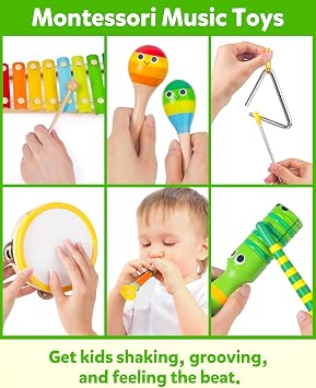 Coogam Wooden Musical Instruments for Toddlers, Tambourine Xylophone Castanet Flute Maracas Playset, Wood Percussion Rhythm Music Toy, Montessori Educational Learning Gift