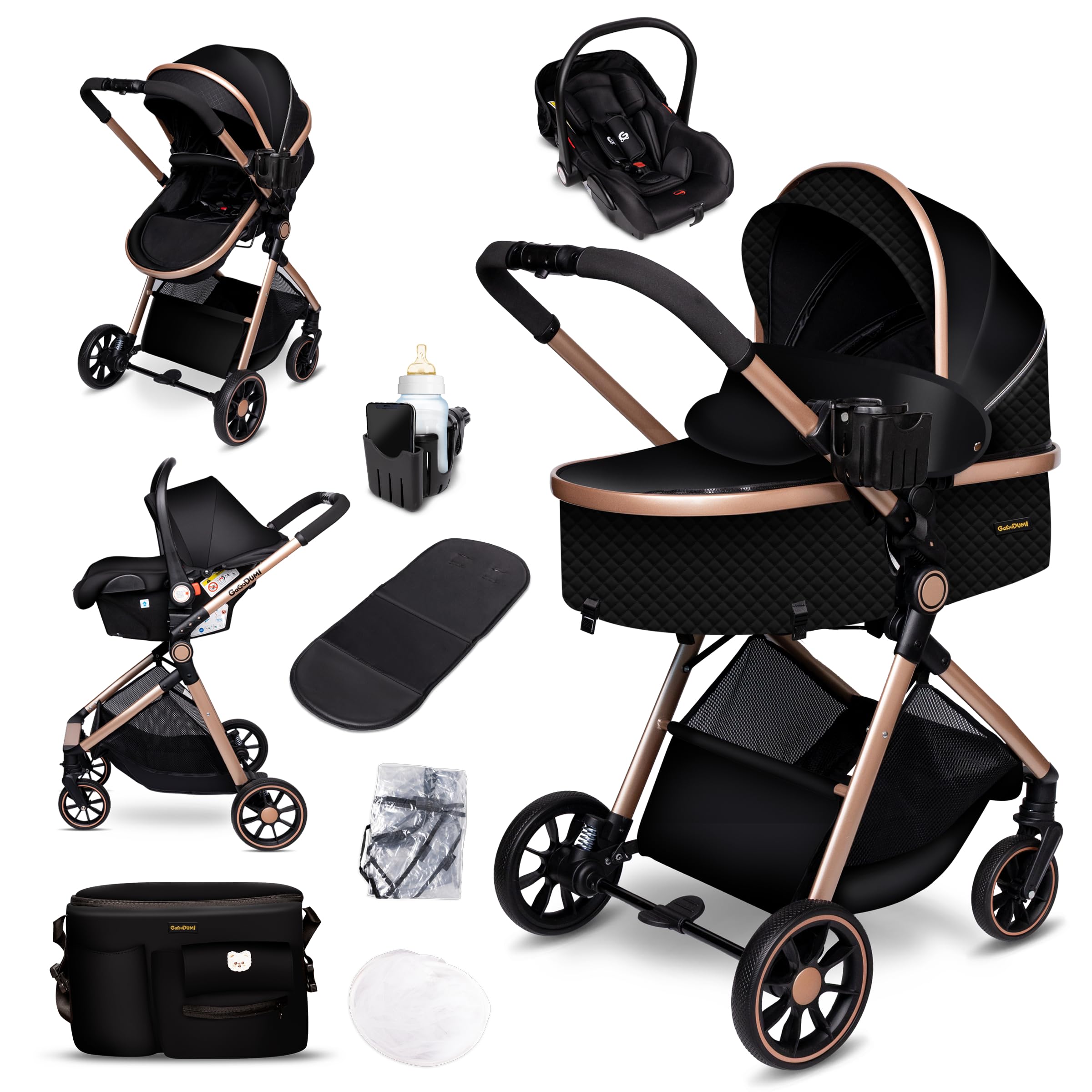 GaGaDumi SoHo Passeggino 3 in 1 – Certificato TÜV, Seggiolino Auto i-Size, Ultraleggero (6,8 kg), con Parapioggia, Zanzariera, Borsa Fasciatoio, Cestino, Portabibite – Perfetto per Città e Campagna