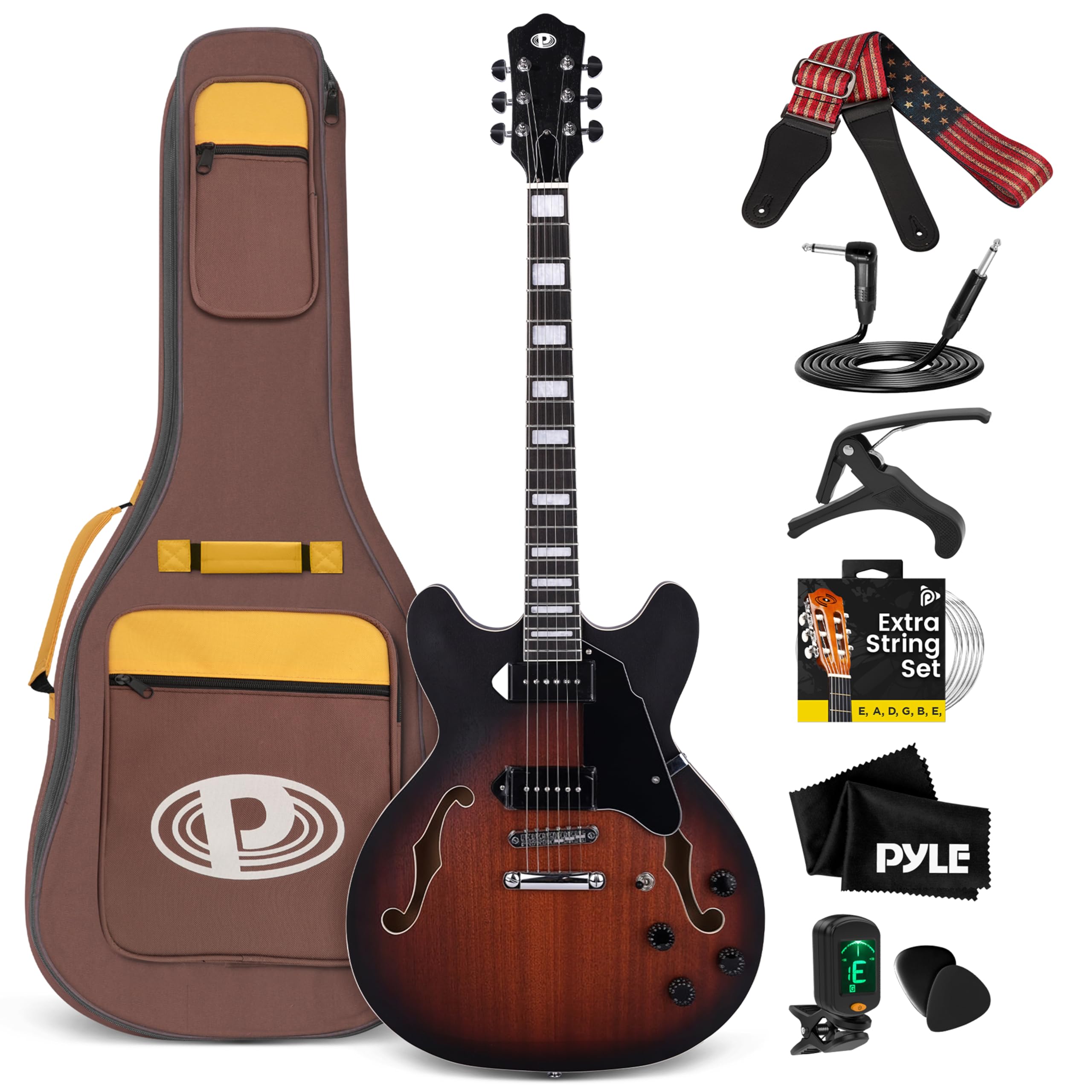 Pyle Chitarra Elettrica Semi-Hollow, Kit Chitarra Elettrica, Stile Jazz, 6 Corde con Borsa e Accessori, Full Size 106 cm