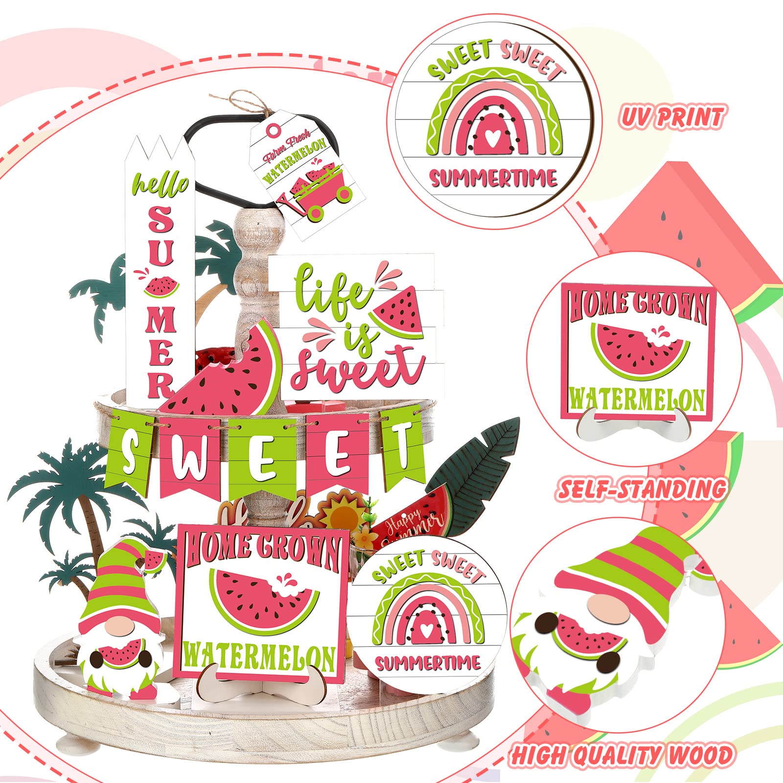 Sereliy 3-Piece Summer Tiered Tray Decor – Wooden Watermelon Signs For Table, Kitchen, Party