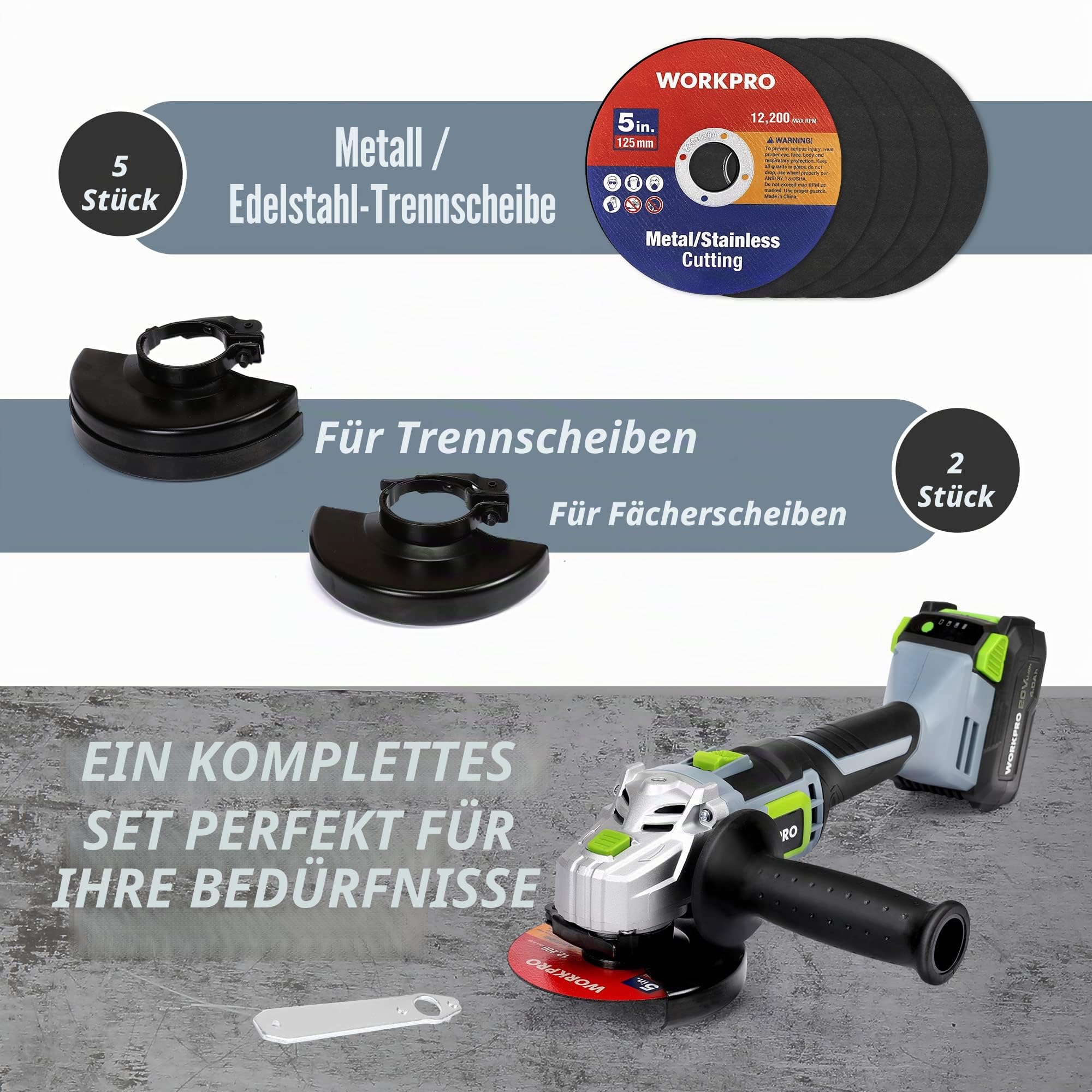 WORKPRO Winkelschleifer, kabellos, 20 V, mit Akku 4,0 Ah, Ø125 mm, elektrischer Schleifer, kabellos, leicht, mit 5 Trennscheiben, 2 Schutzkappen, Schnellladegerät und Hilfsgriff | elektrischer Schleifer, kabellos, leicht, mit 5 Trennscheiben, 2 Schutzkapp