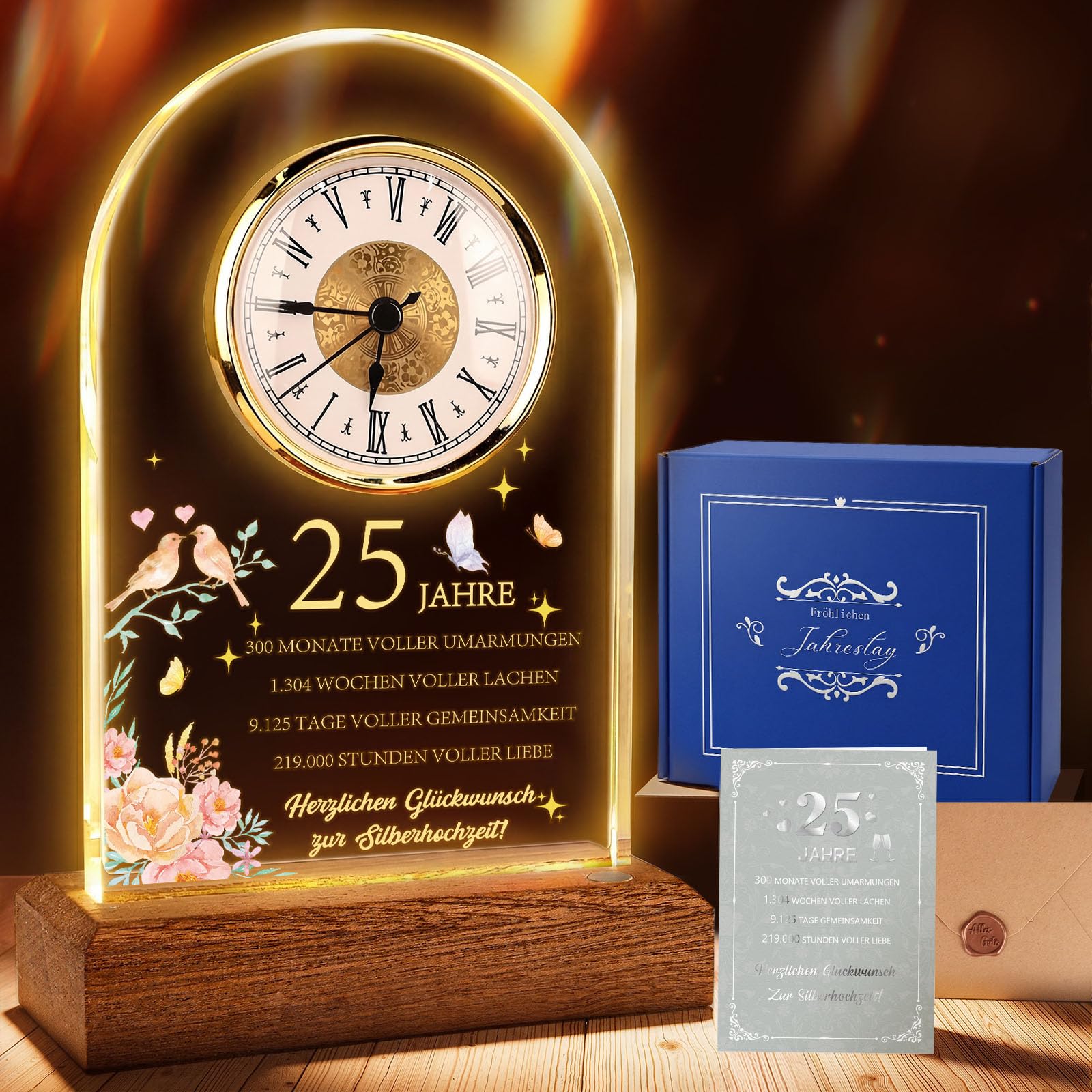 TUZELIYA Silberhochzeit Geschenke, Jahrestag Quarzuhr, 25. Hochzeitstag Geschenke mit Grußkarte und Umschlag, Schreibtischuhr, Hochzeitsgeschenke für Paare, Eltern, Großeltern