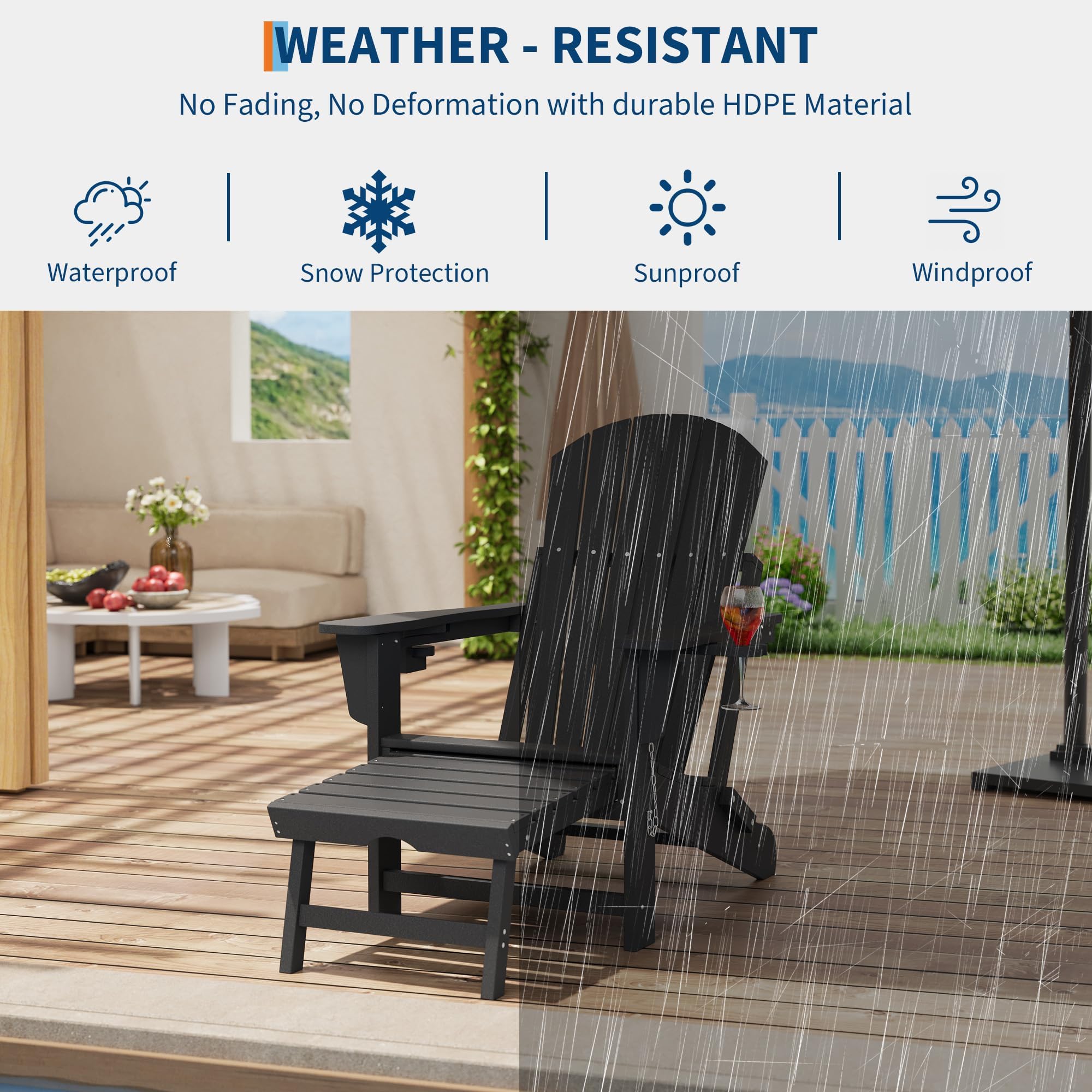 Klappbarer Adirondack Stuhl Mit Fußstütze & 2 Getränkehalter, Loungesessel Gartenstuhl Wetterfestes HDPE Gartensessel Für Garten, Terrasse Und Balkon, 181 kg Tragfähigkeit