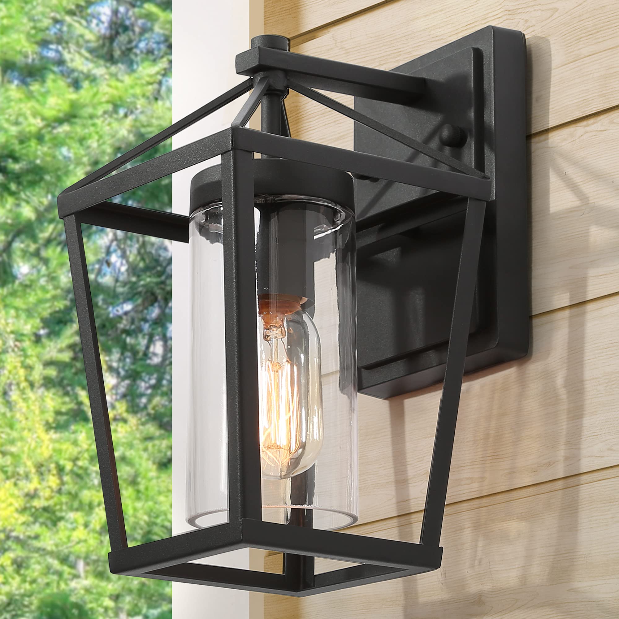 LALUZ Outdoor Wall Lantern, Black Exterior Light Fixture Wall Mount with Clear Glass, Weather-Proof Porch Light with Metal Cage, Farmhouse Outdoor Light Fixture for Garage, Patio, Front Door, 10”