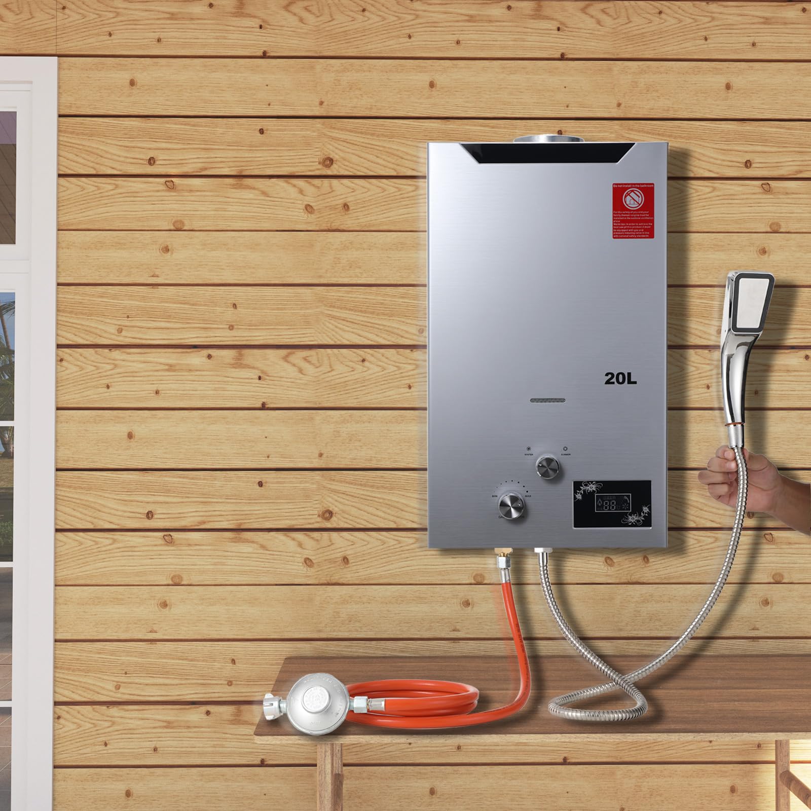 20L 40KW LPG Gas Durchlauferhitzer mit Gasdruckregler, Propangas Campingdusche für Dusche im Außenbereich Dusche Bad Warmwasser Camping Dusche Warmwasserbereiter mit CE-Zertifizierun, Silber
