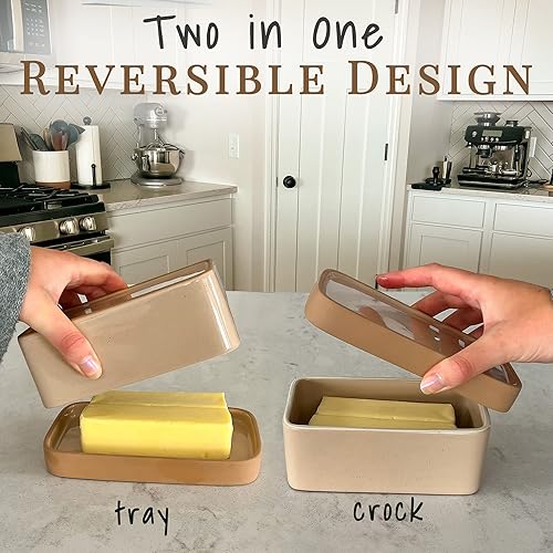 Miniatura 2 de Mora - Mantequillera de cerámica dos en uno con tapa, recipiente de mantequilla cubierto para dejar en la encimera, soporte de almacenamiento grande