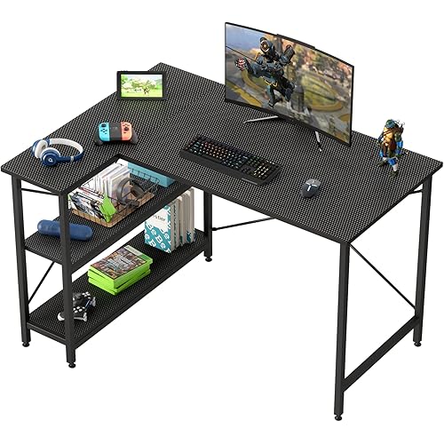 Bestier Small L Shaped Gaming Desk with Shelves 47 Inch Reversible Corner Computer Desk Writing Storage Table for Home Office Small Space, Carbon Fiber