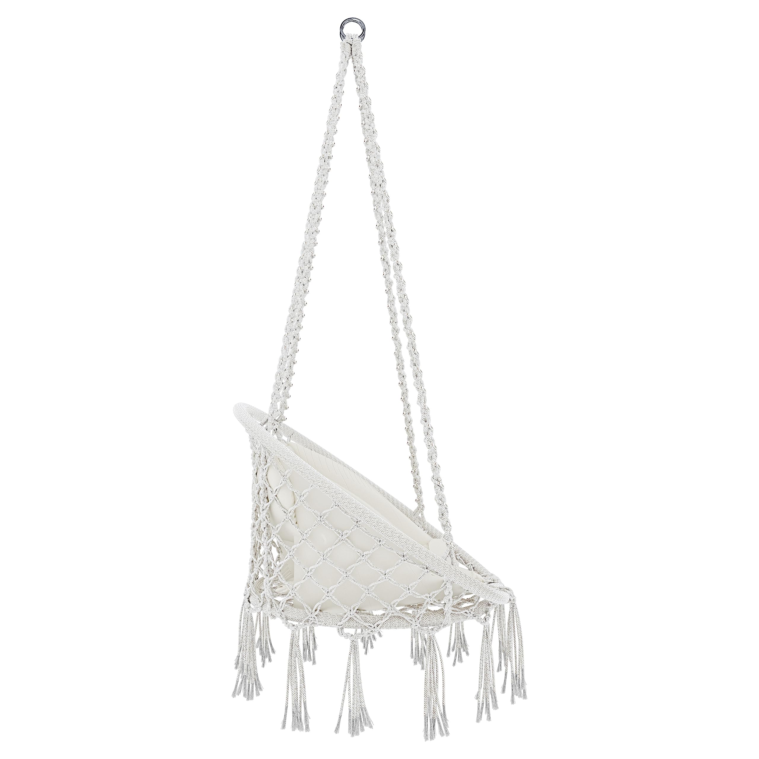 BRICOZONE Poltrona Sospesa Pensile Da Giardino Con Corda In Cotone Effetto Macramè Cuscino Sedia Dondolo Amaca Con Seduta Imbottita Esterno Terrazzo Design Moderno Fino A 160 Kg (Beige)