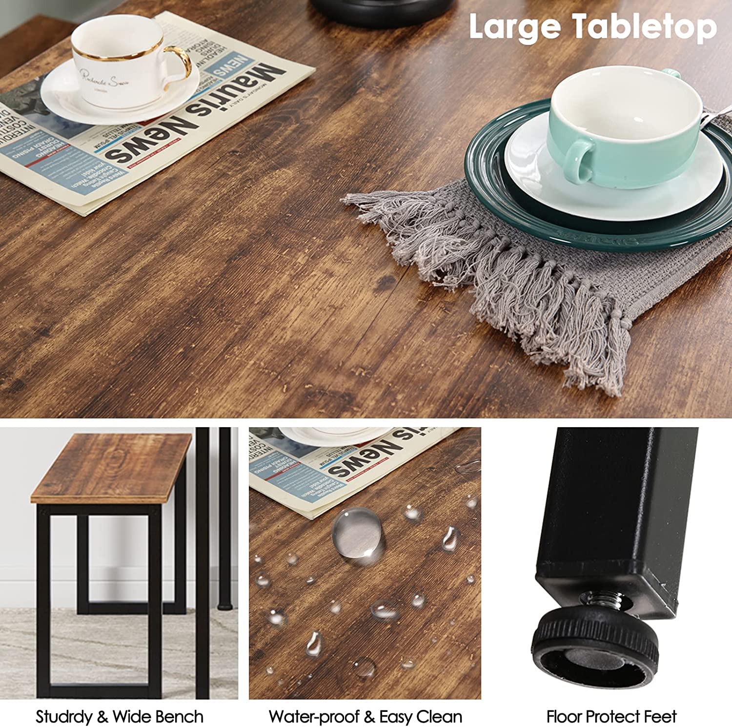 soges 3 PCS Dining Table Set for 4 with 2 Benches, Soho Dining Table and Chairs Set, Industrial Kitchen Table and Chairs Kitchen Breakfast Table Set, Dining Set with Metal Frame,CZJYB-yzld01-CA — view 6
