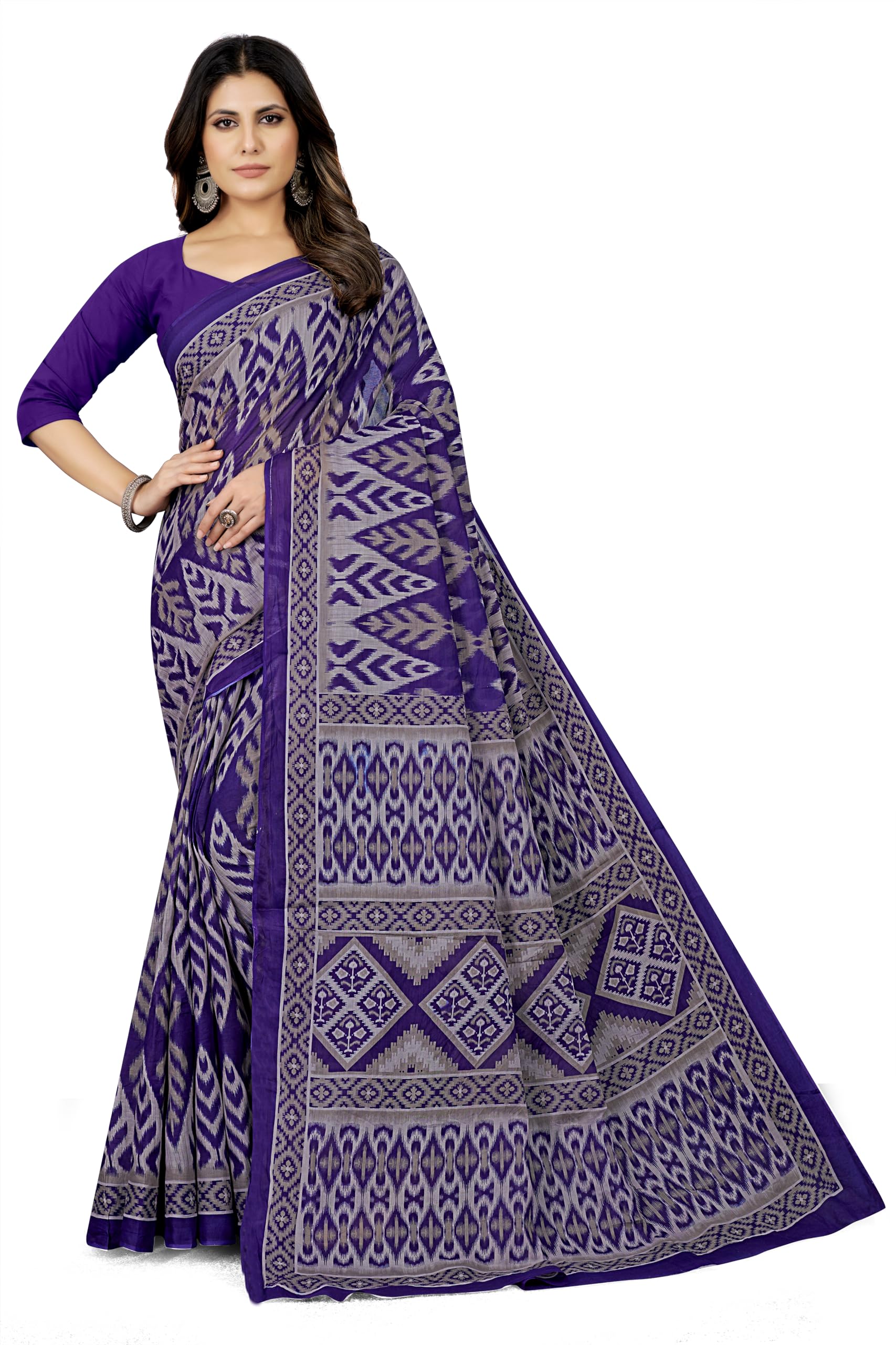 Tamaira Fashion Women's Handloom Print Pure Cotton Saree Without Blouse Piece(12004_Grey&Blue)